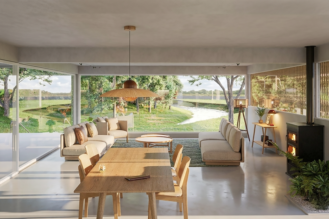 Salon intérieur avec vue sur un espace vert extérieur, comprenant un canapé beige, une table basse, une table à manger en bois avec six chaises, un poêle à bois, et des lampes, laissant entrer beaucoup de lumière naturelle.