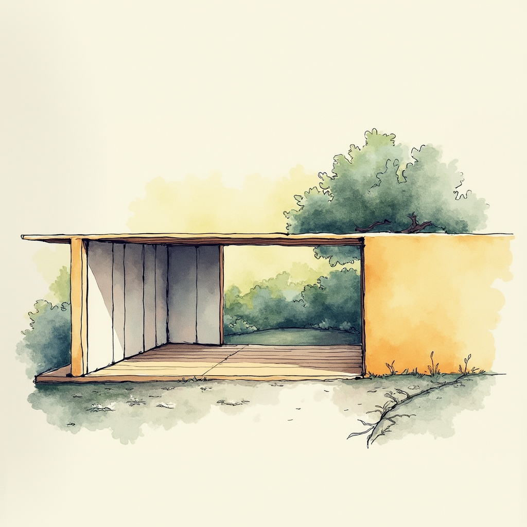 Illustration d'une petite cabane en bois ouverte sur le côté, avec un fond de végétation et arbres.