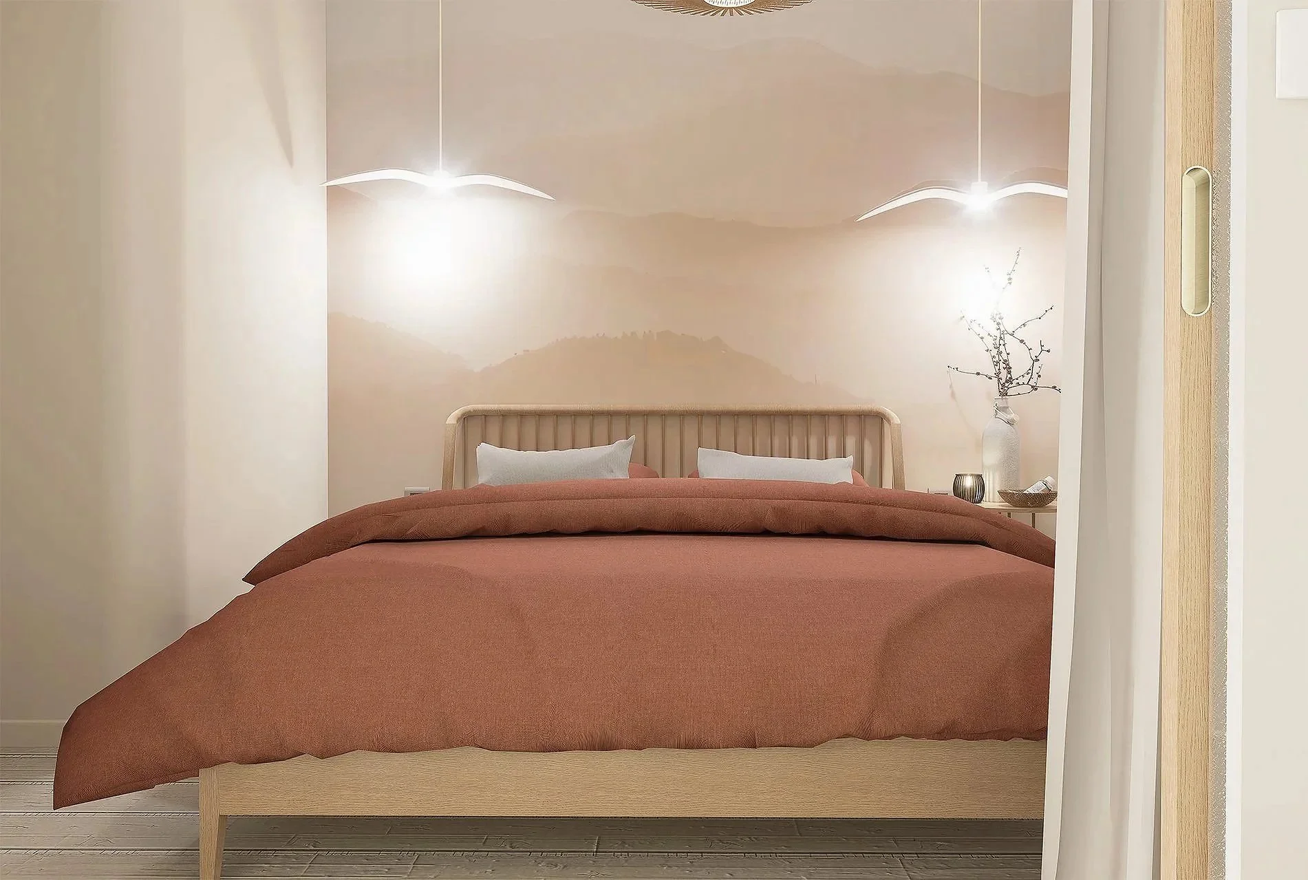 Chambre avec lit king-size, tête en bois clair, draps beige et oreillers blancs, lamps modernes suspendues au plafond, mur avec peinture représentant des montagnes au coucher du soleil, et vase avec branches dans la nuit côté table de chevet.