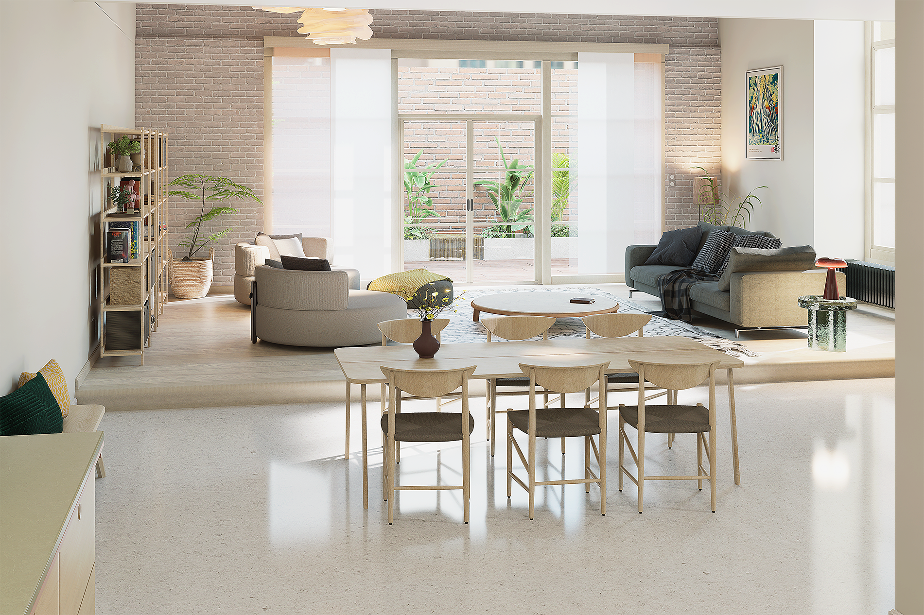 Salon lumineux avec canapés, tables, étagère, plantes, photo d'art, vue sur un balcon.