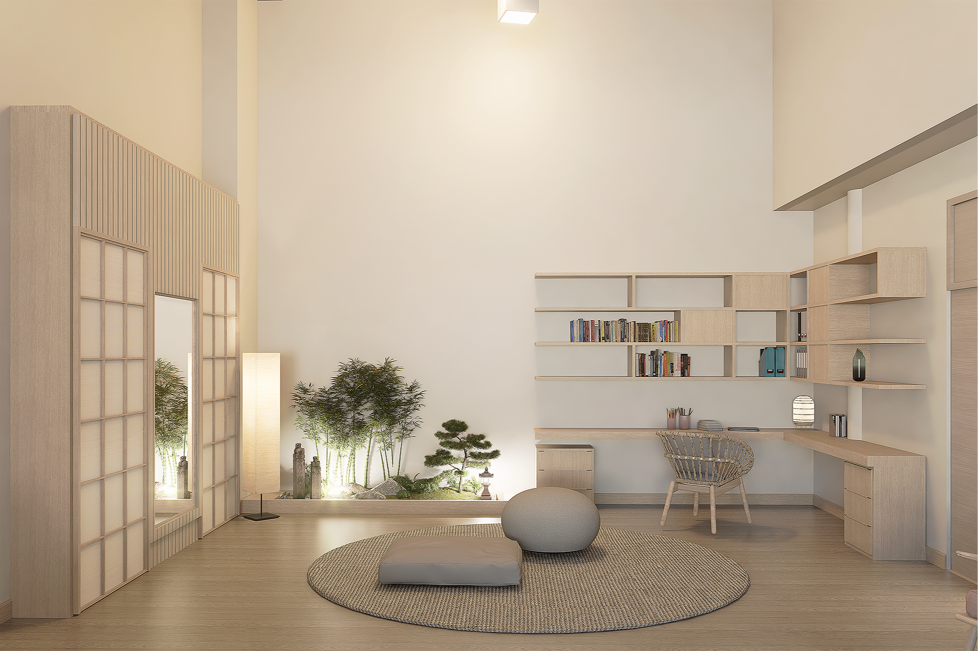 Salon moderne avec bibliothèque en bois clair, plantes vertes, lampadaire, tapis rond, coussin, meuble de rangement et chaise en rotin, ambiance chaleureuse et épurée.