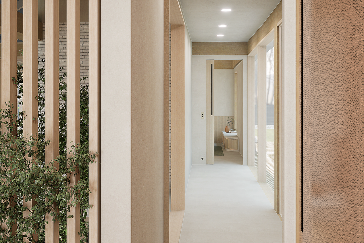 Un couloir moderne avec des murs en bois clair, éclairé par des lumières encastrées au plafond, avec une porte menant à une pièce avec un lavabo et une fenêtre laissant entrer la lumière naturelle.