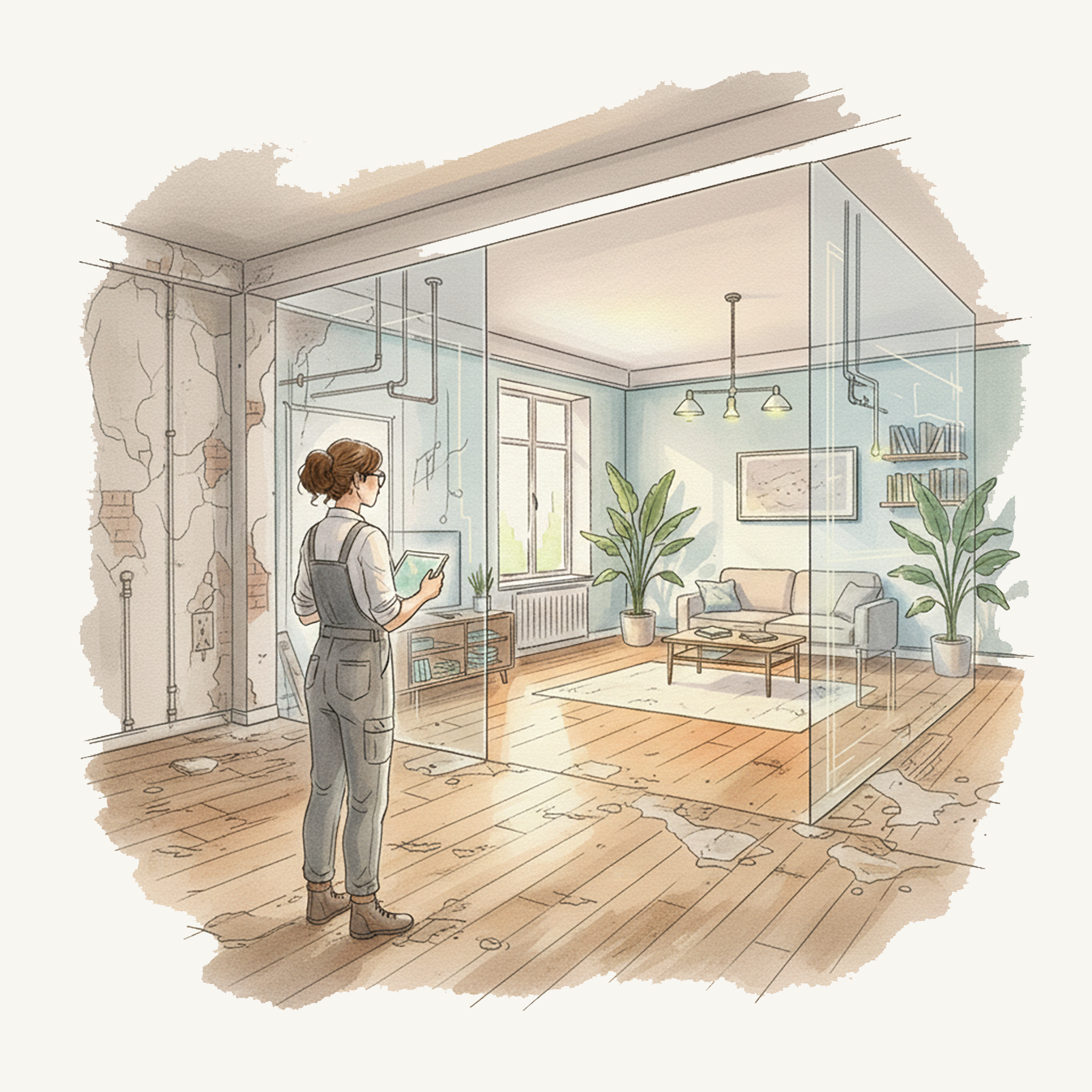 Une femme regarde une tablette dans un appartement en rénovation, avec un sol endommagé et des murs en cours de réparation.