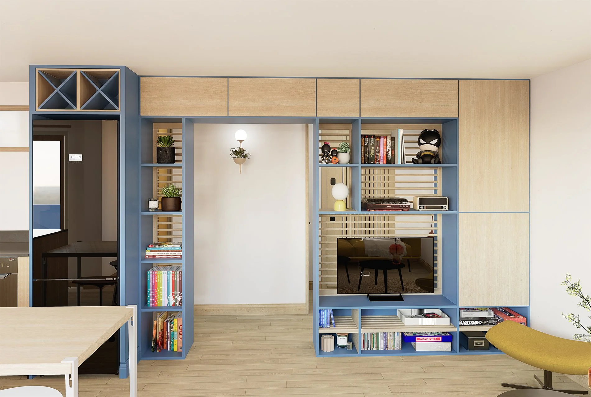 Une bibliothèque murale en bois clair avec des sections en bleu contenant des livres, des plantes, des décorations et une télévision, avec un mur blanc derrière.