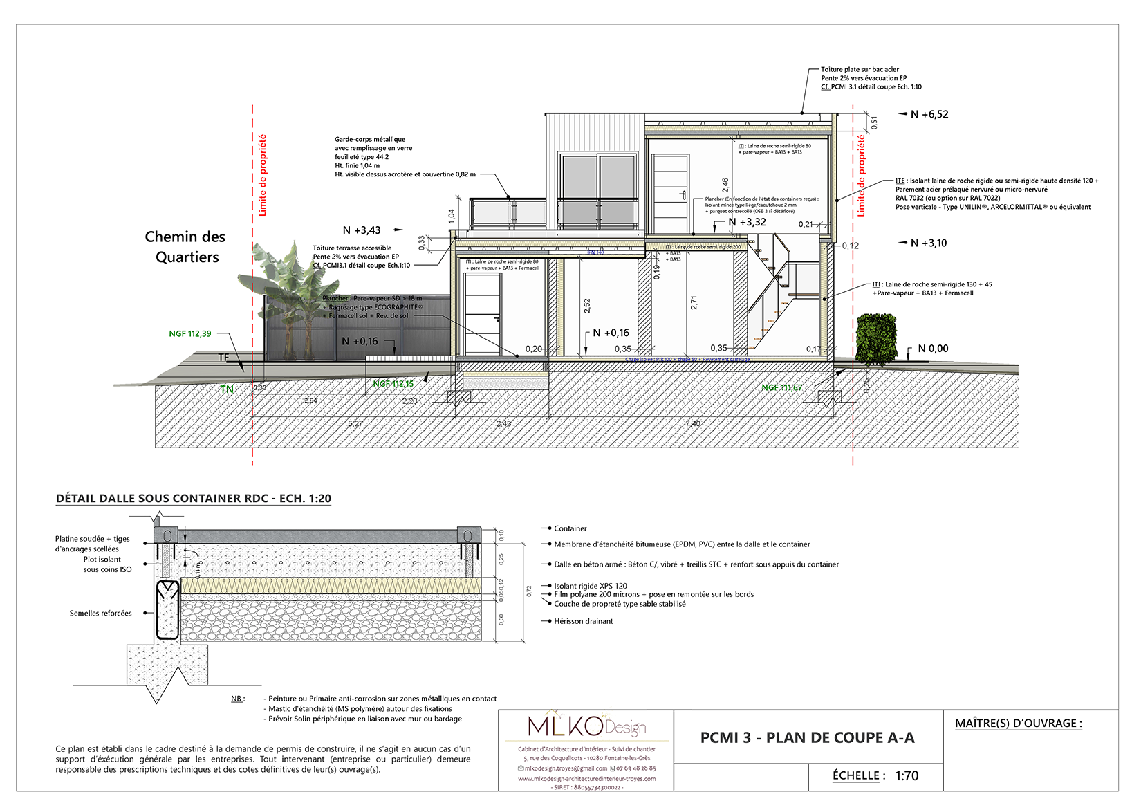 Plan de construction architectural montrant la coupe transversale d’un bâtiment en container, avec détails techniques, niveaux, matériaux et annotations en français.