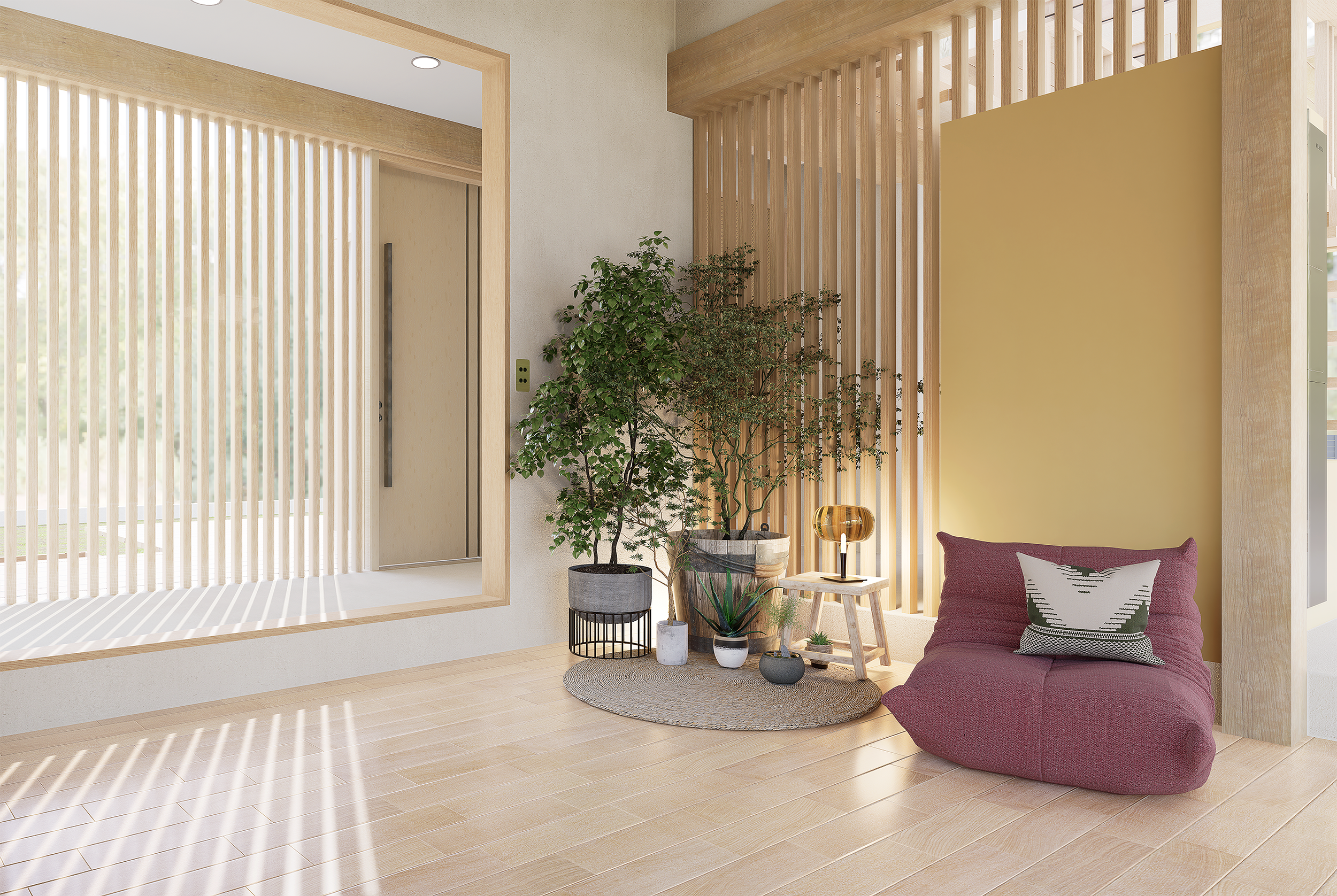 Salon avec plantes, fauteuil en tissu rose, coussin graphique, table avec lampe, mur en bois, fenêtre avec persiennes verticales.