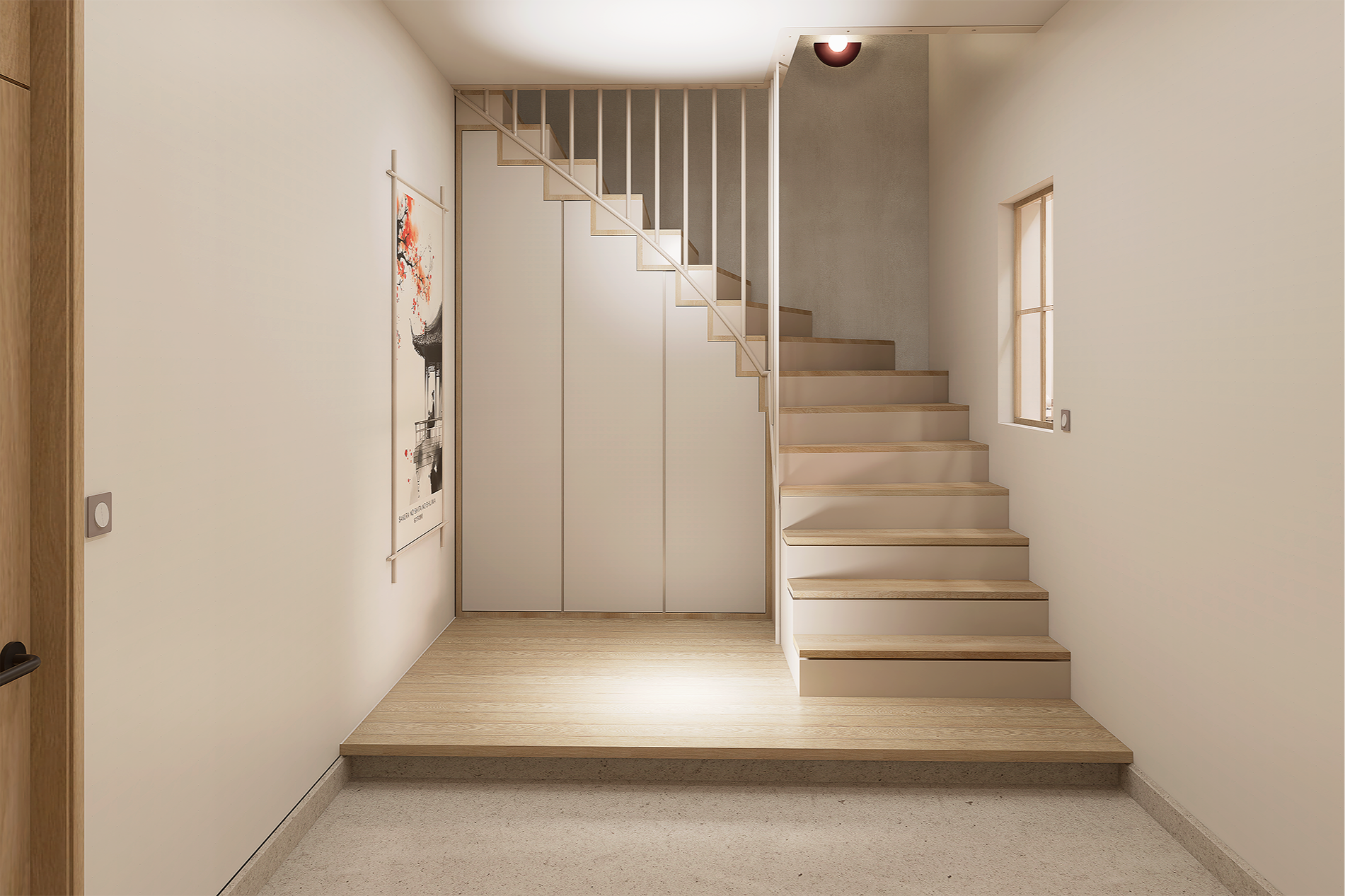 Intérieur d'une maison avec escaliers en bois, mur blanc, porte en bois, tableau moderne accroché au mur, petite fenêtre laissant entrer la lumière naturelle.