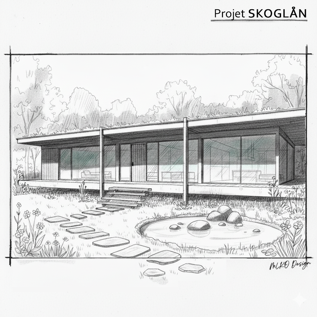 Projet SKOGLÄN, illustration d'une maison moderne avec grande terrasse en bois, escaliers menant à l'entrée, jardin avec un petit étang et des plantes. Arbres en arrière-plan.