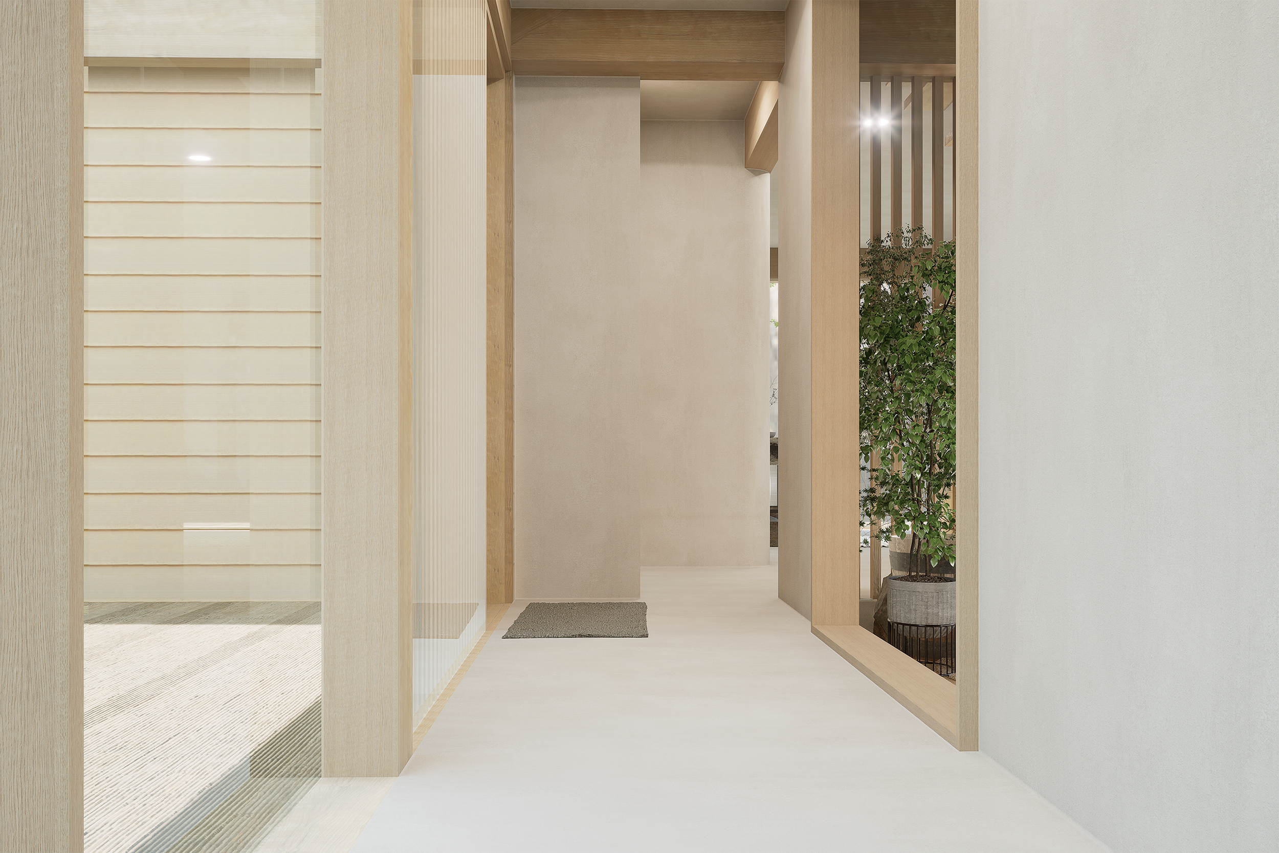 Couloir minimaliste avec murs beige, bois clair, et une plante verte en pot.