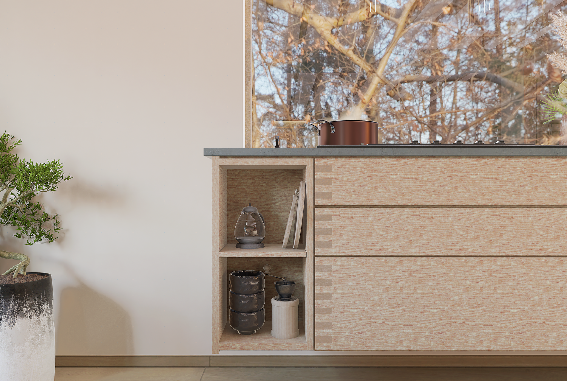 Une cuisine moderne en bois clair avec un plan de travail en béton, une cuisinière avec une casserole marron, une étagère avec un petit objet décoratif, des livres et des récipients en céramique noire et blanche. Une grande fenêtre derrière la cuisinière laisse entrer la lumière et montre des arbres sans feuilles.