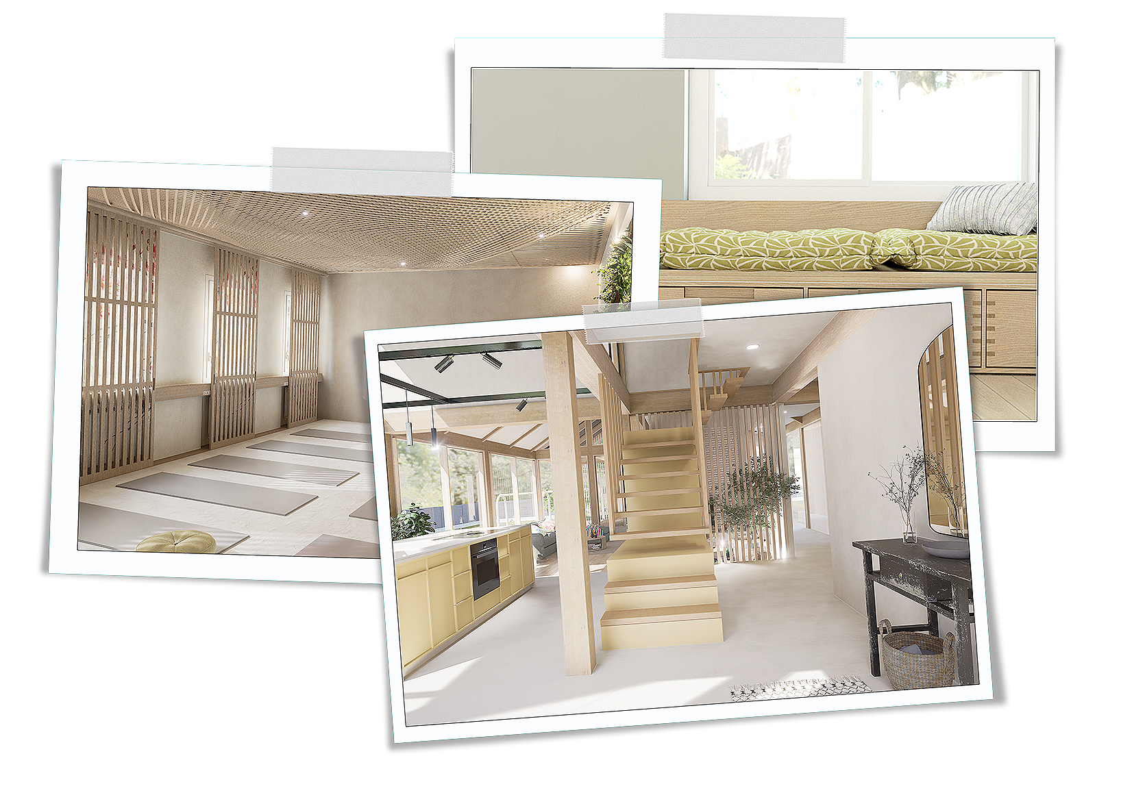 Collage de plusieurs images d'intérieurs de maison modernes, incluant un espace de vie lumineux avec cuisine, escalier en bois et coin détente avec banquette.