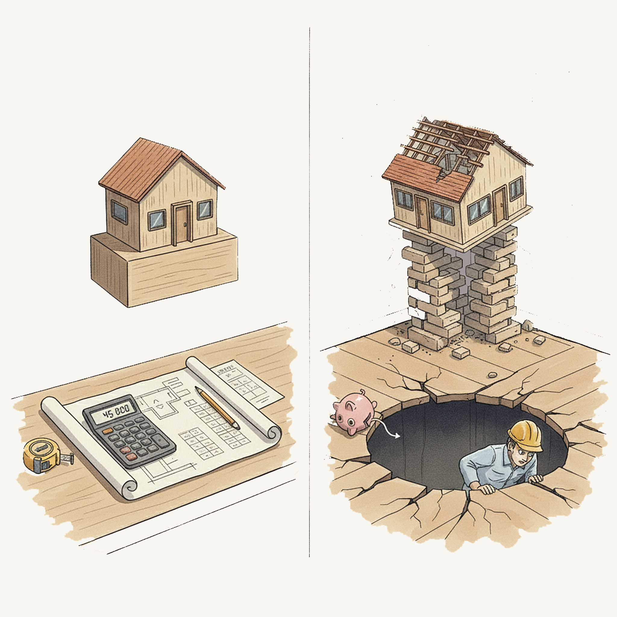 Une construction de maison avec une étape initiale de conception sur la table, et une étape de construction avec un homme inspectant des fondations endommagées après un tremblement de terre.