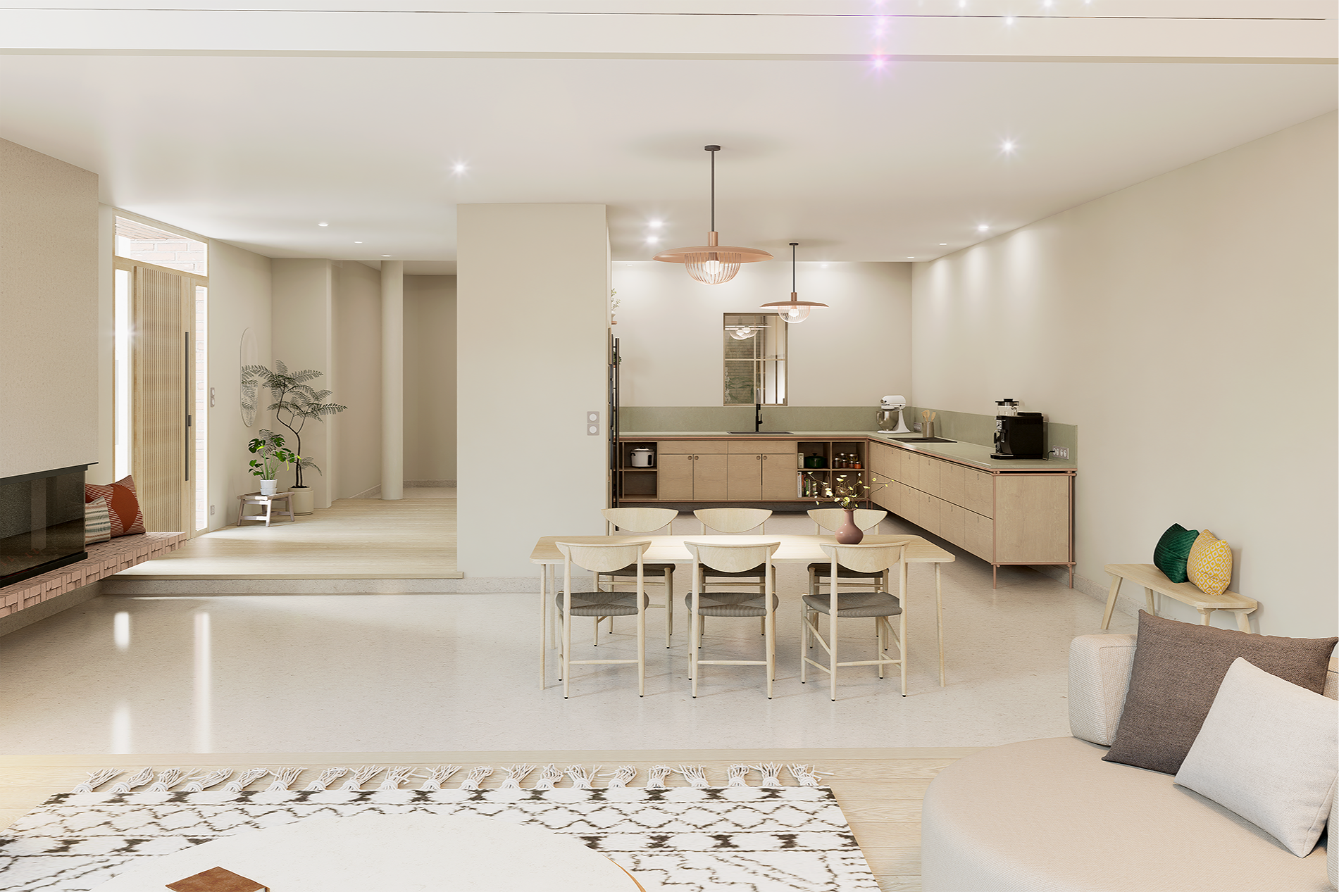 Intérieur moderne d'une pièce spacieuse avec cuisine, salon et coin repas, décorée dans des tons neutres avec des meubles en bois clair et quelques accessoires de décoration.