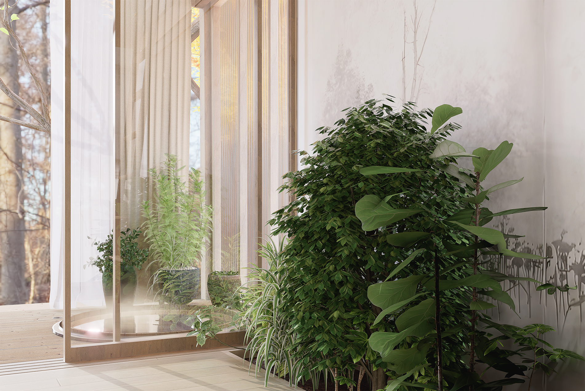 Intérieur moderne avec une grande fenêtre, des plantes vertes à l'intérieur, et une vue sur des arbres en hiver à l'extérieur.