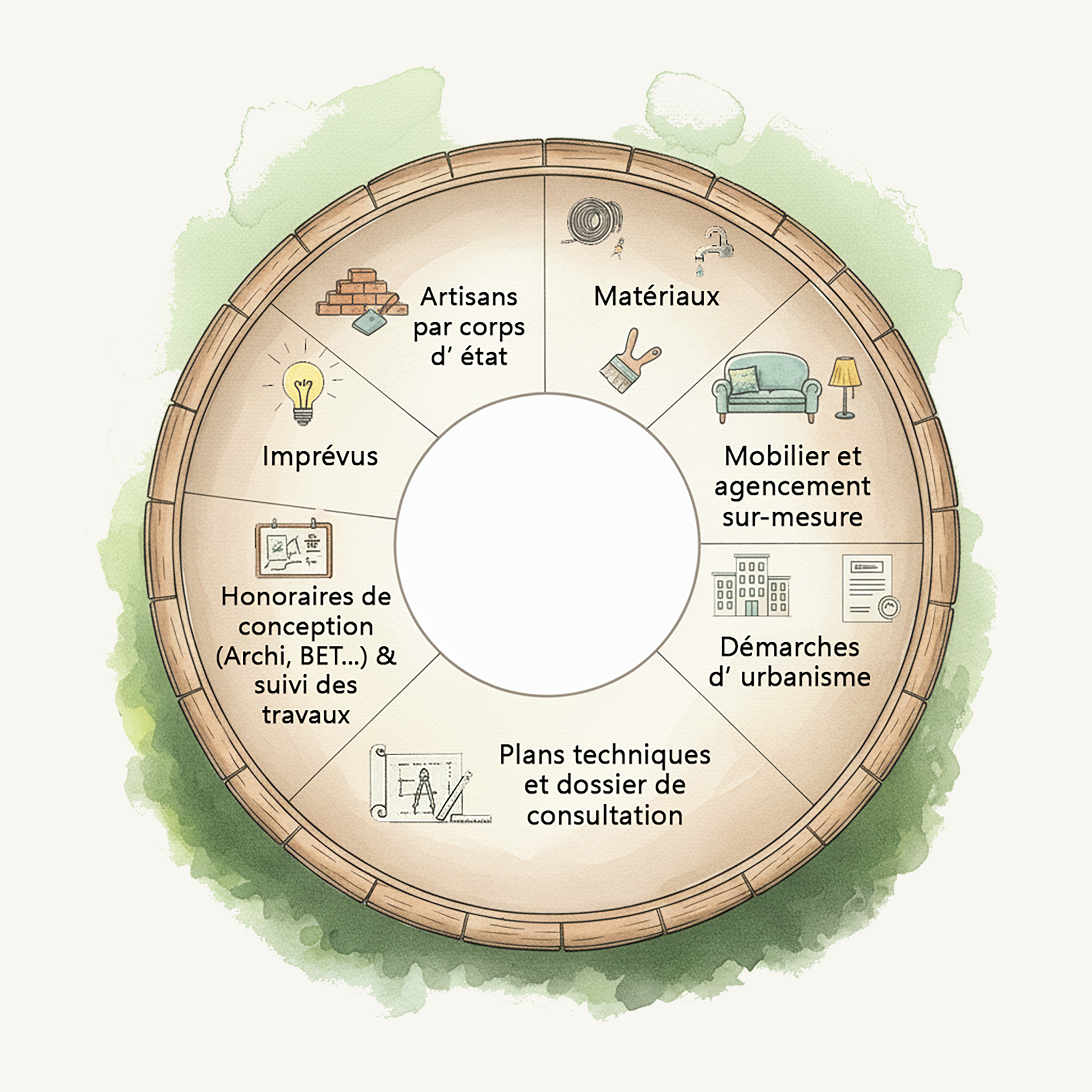 Diagramme en forme de cercle représentant le processus de construction, avec sections pour matériaux, mobilier sur mesure, urbanisme, plans techniques, honoraires, imprévus, artisans, et gestion de projet.