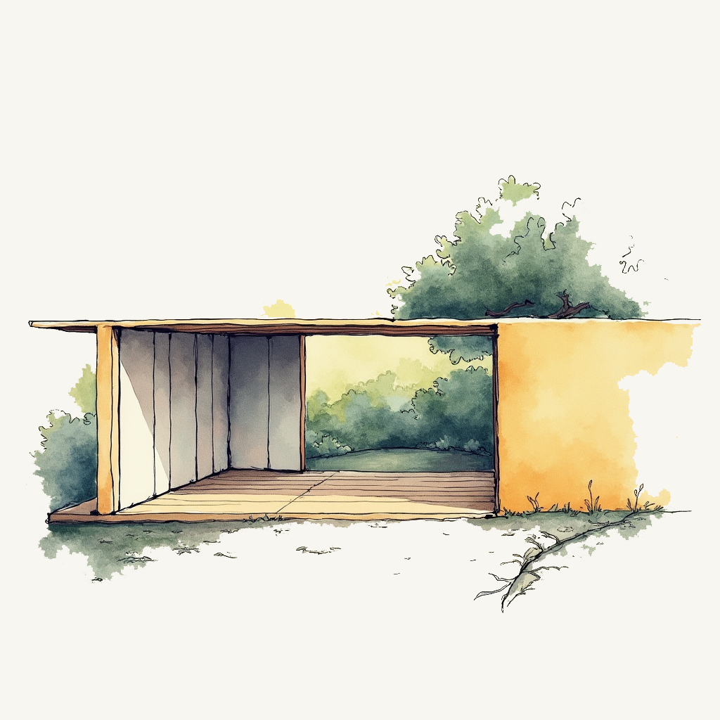 Illustration d'une petite structure en bois avec un toit plat, entourée de végétation et un ciel clair.
