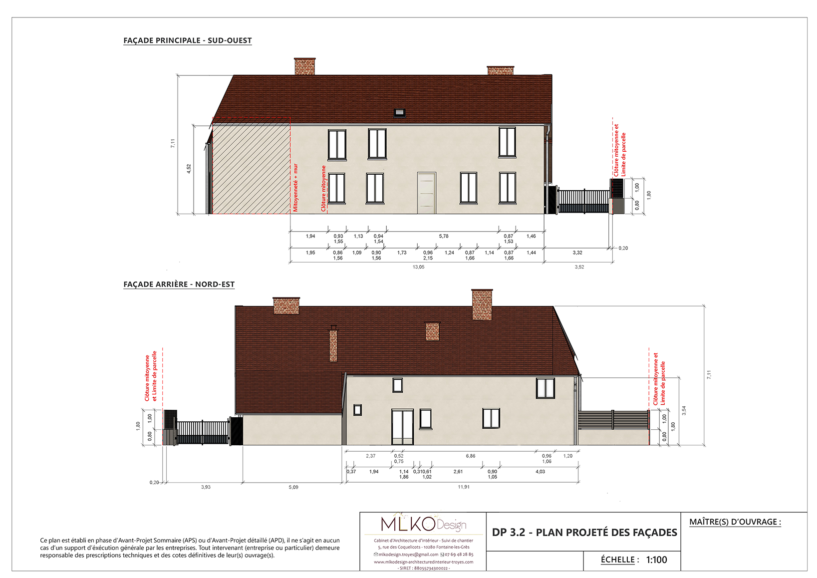 Plan architecturale montrant la façade principale sud-ouest et la façade arrière nord-est d'une maison avec des dimensions et des détails de construction.