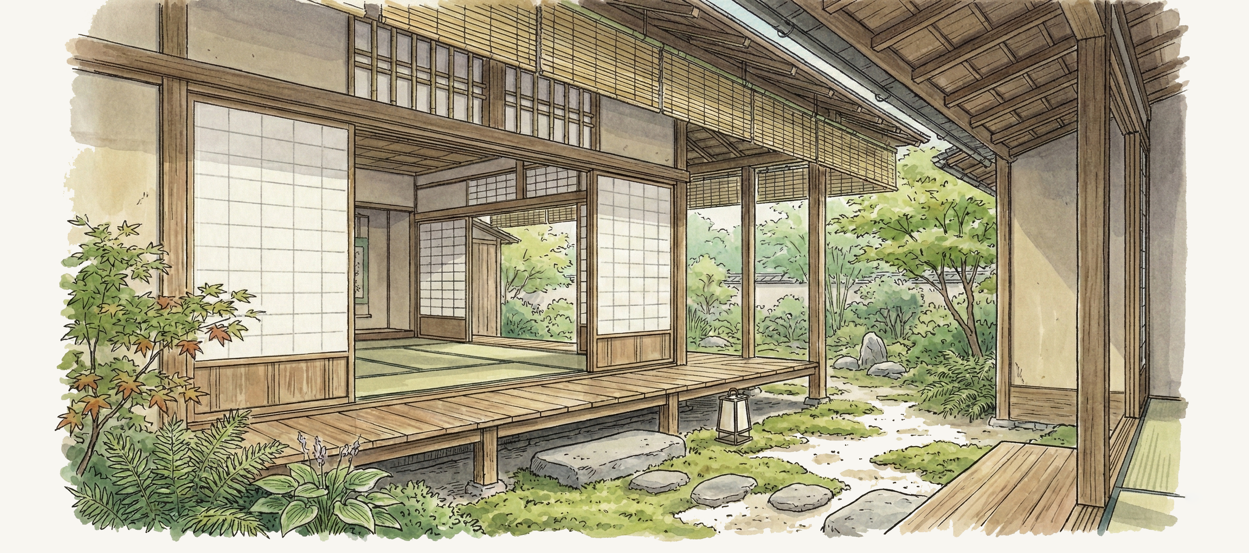 Intérieur d'une pièce de style japonaises avec portes coulissantes en papier et vue sur un jardin avec des arbres et des pierres