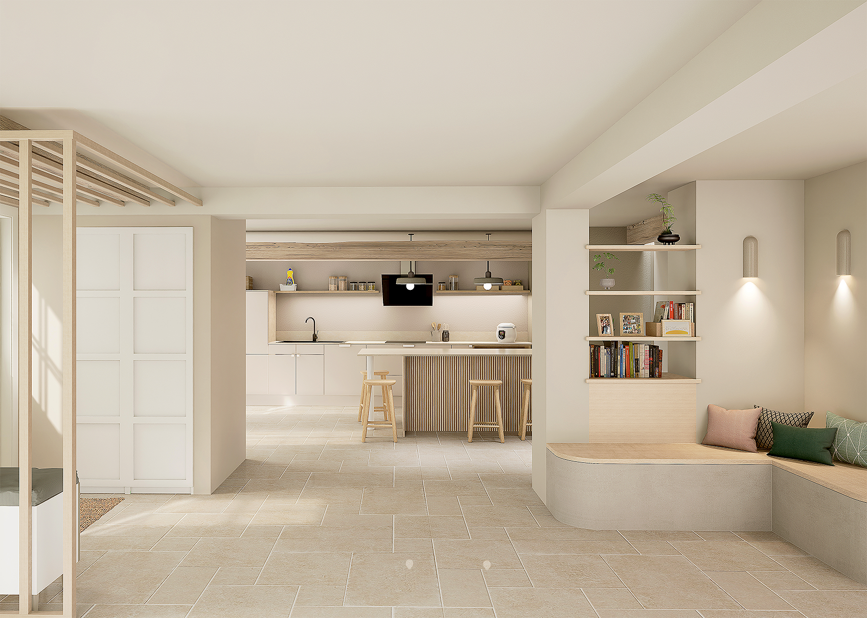 Intérieur moderne avec cuisine blanche, comptoir en bois, bar avec tabourets, coin lecture avec étagères et coussins.