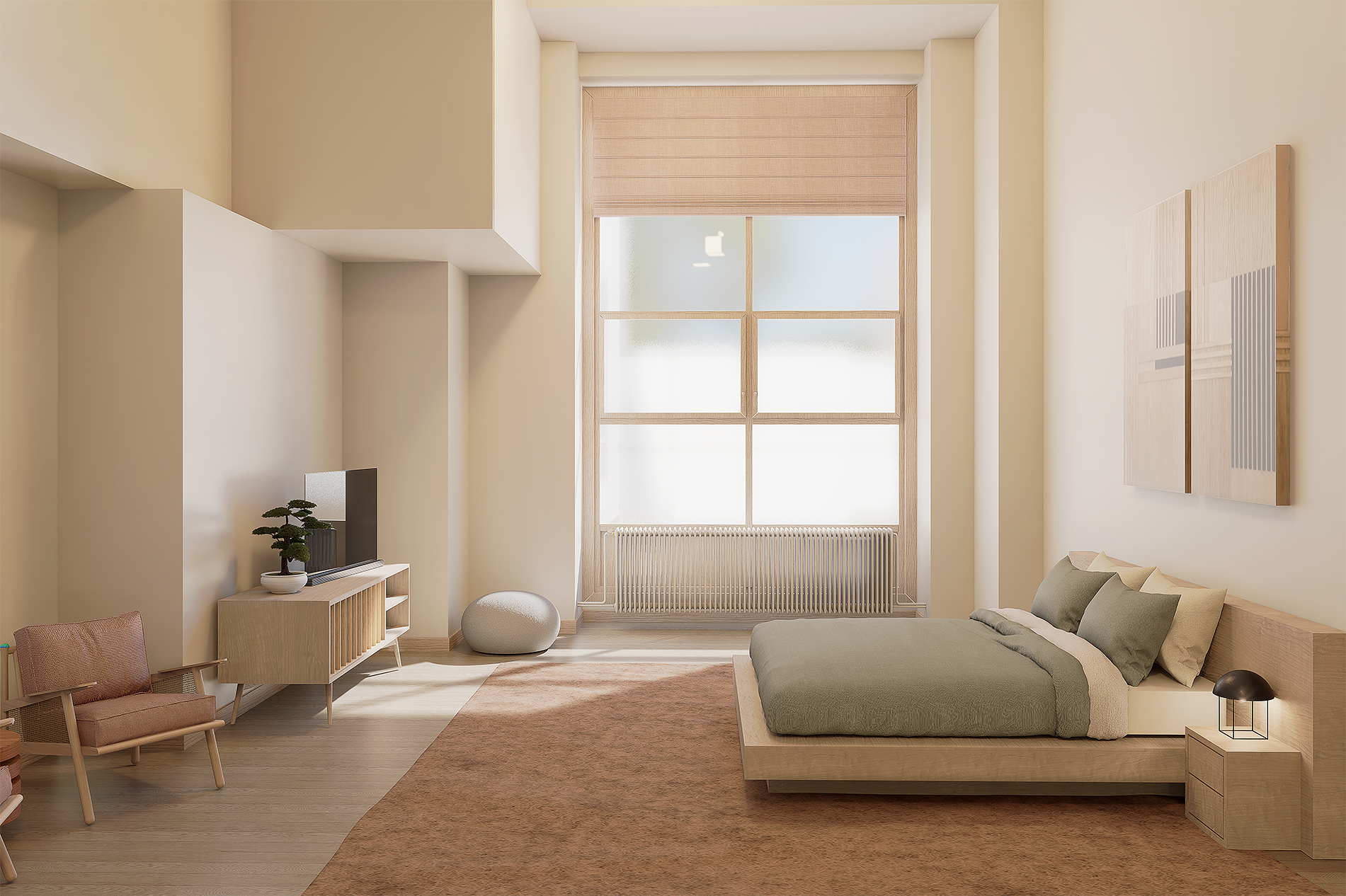 Chambre minimaliste avec grand lit, grande fenêtre, tapis beige, meubles en bois clair, décoration épurée.