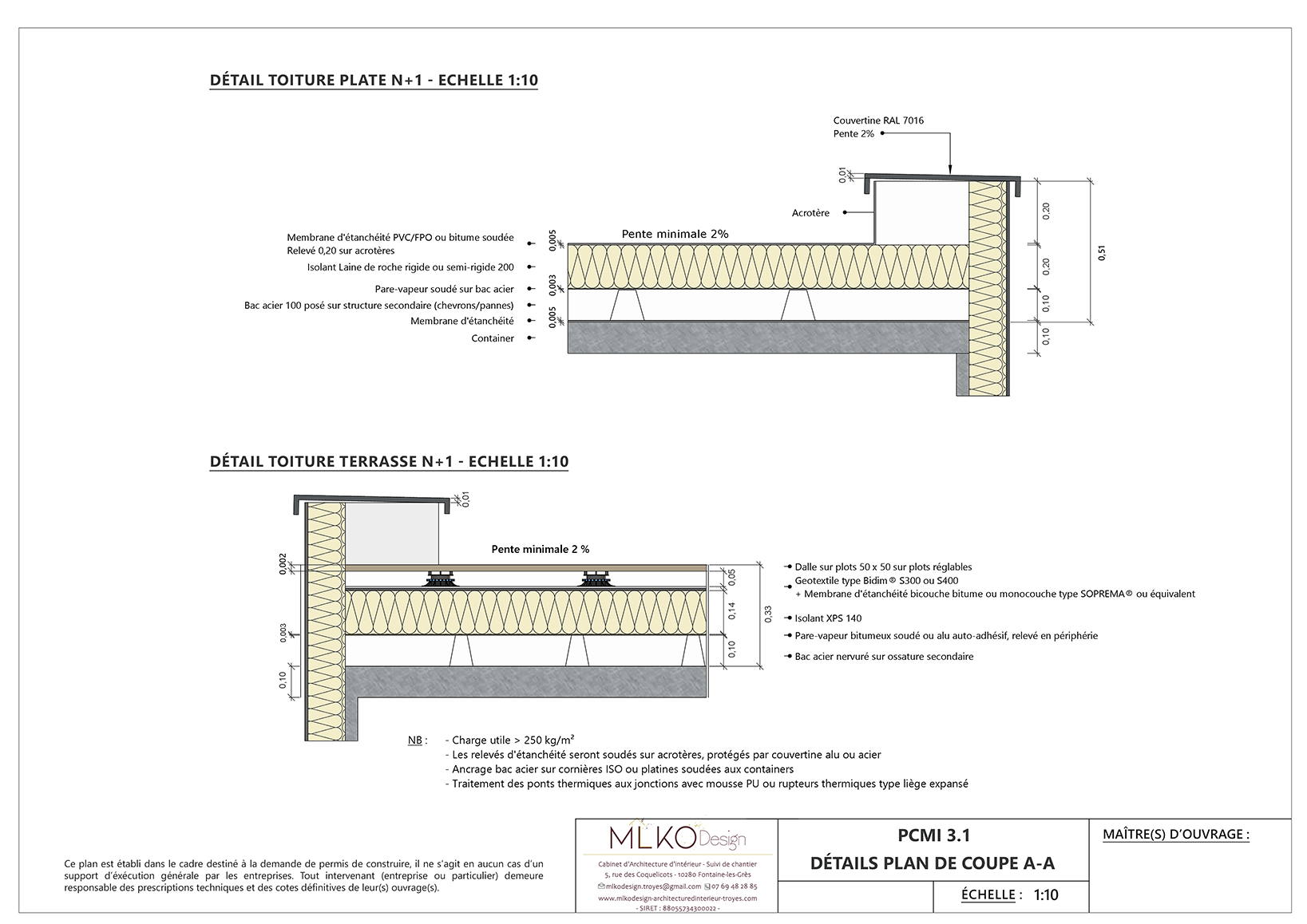 Plan architectural détaillé de deux sections de toiture, une pour le toit plat et l'autre pour une terrasse, illustrant les matériaux et couches de construction, avec des annotations en français et une échelle de 1:10.