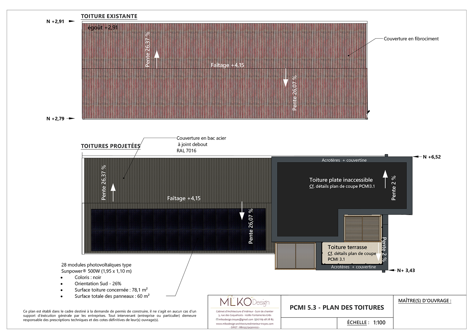 Plan de toiture, incluant une toiture en fibrociment, une toiture en bac acier avec joint debout RAL 7016, une toiture plate inaccessible, une toiture terrasse, et des modules photovoltaïques Sunpower 500W.