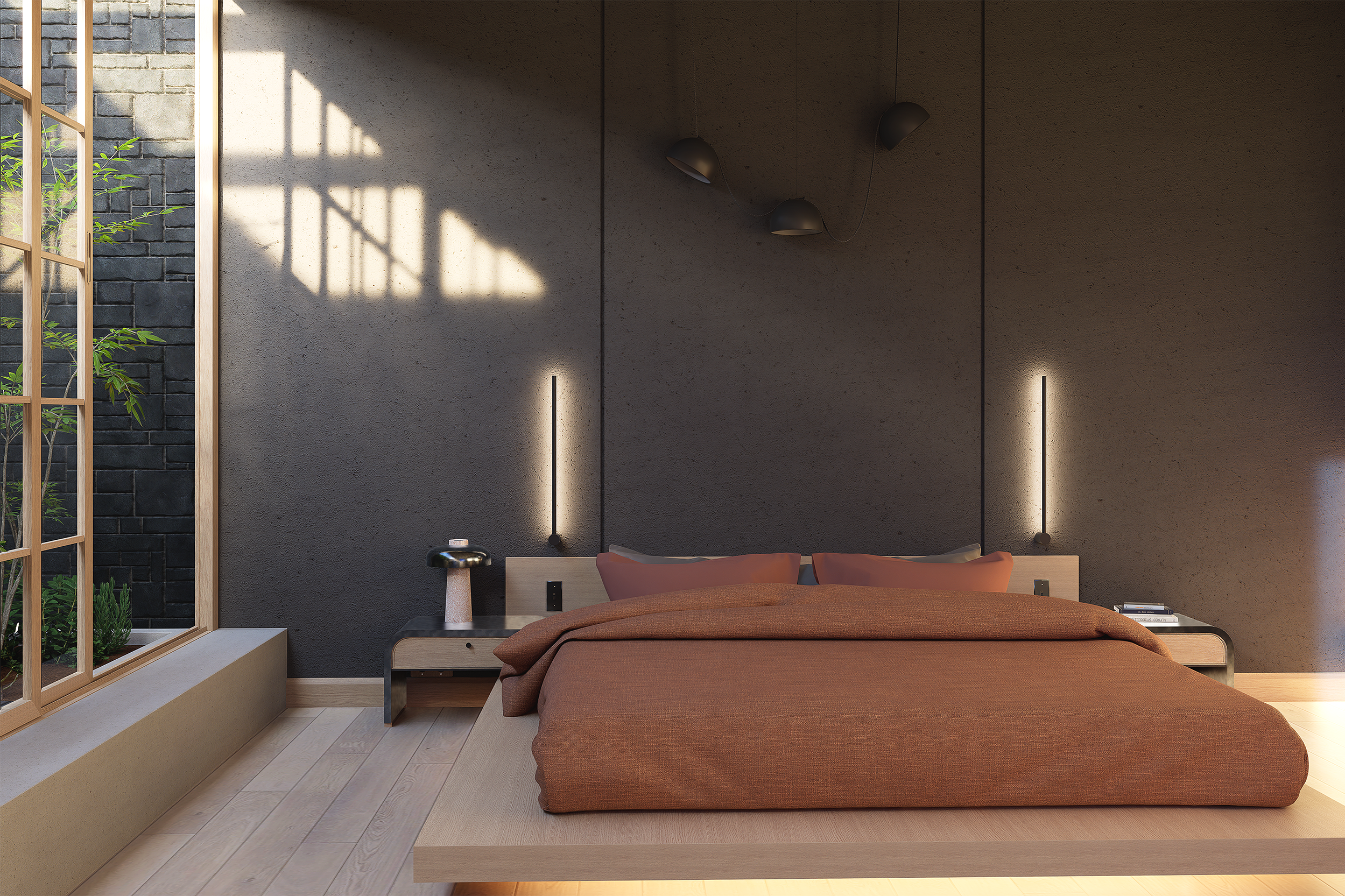 Chambre moderne avec un lit en bois, couvert d'une couverture marron, deux coussins roses, deux lampes verticales au mur, un éclairage lumineux sous le lit, et une grande fenêtre laissant entrer la lumière naturelle.