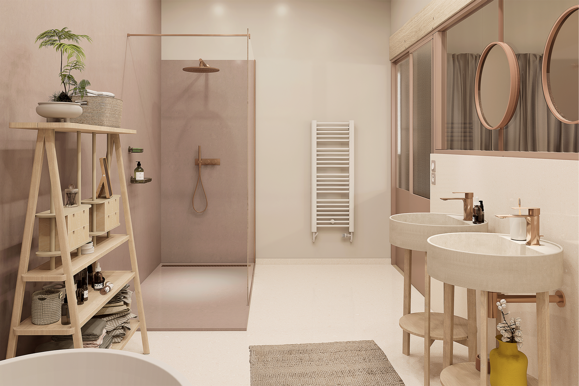 Salle de bains moderne avec deux lavabos, miroirs ronds, douche séparée, étagère en bois, plantes, serviettes, et mobilier beige et rose clair.