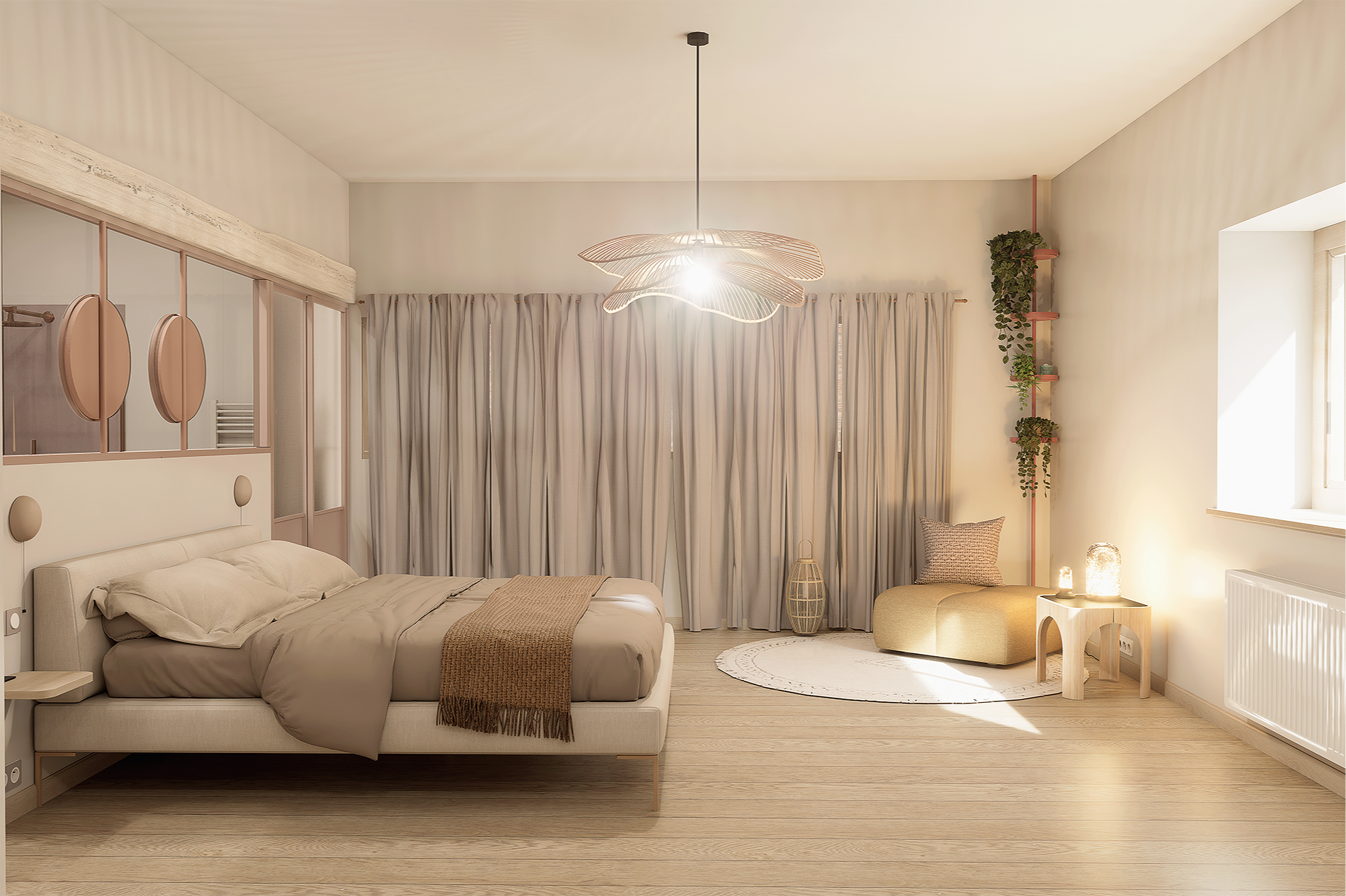 une chambre à coucher lumineuse avec un lit, des rideaux, une lampe suspendue, un fauteuil beige avec un coussin, une petite table avec un lampe