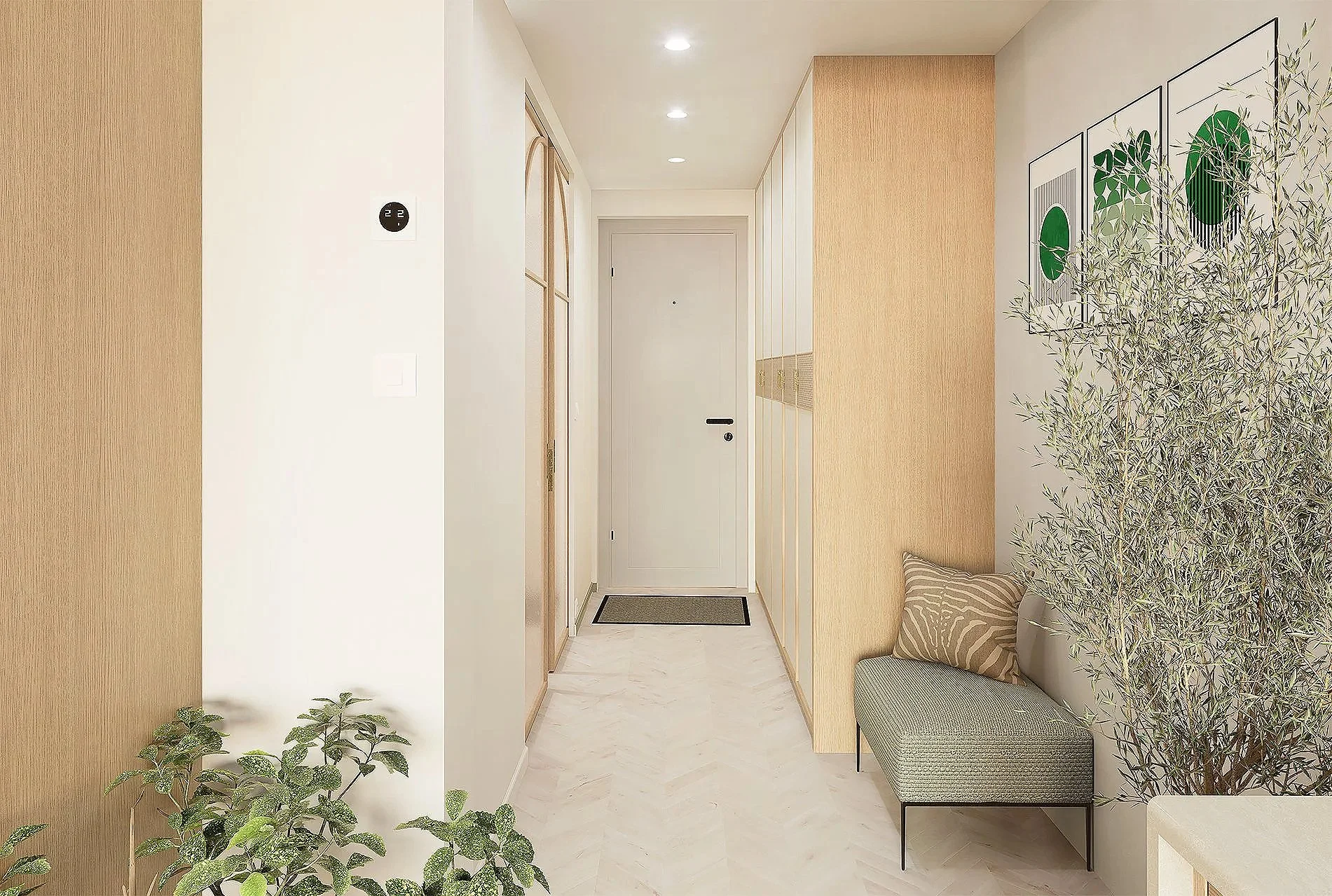 Hall d'entrée avec porte blanche, décor moderne, plantes vertes, tableau d'art, petit canapé avec coussin et tapis noir.