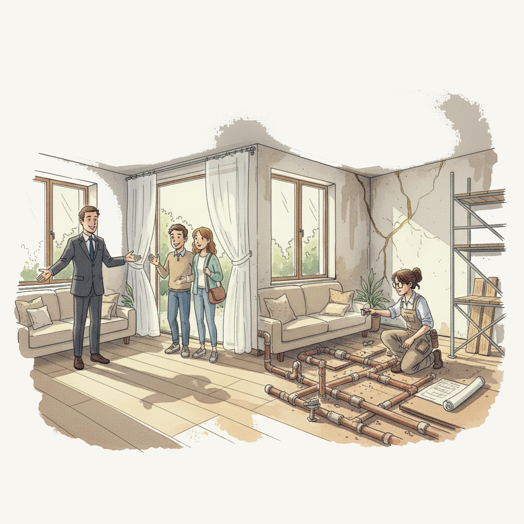 Une scène d'une réparation ou rénovation intérieure dans un salon. Un homme en costume parle à trois personnes, tandis qu'une femme avec des lunettes et une tenue de travail vérifie une pose de plomberie sur le sol.