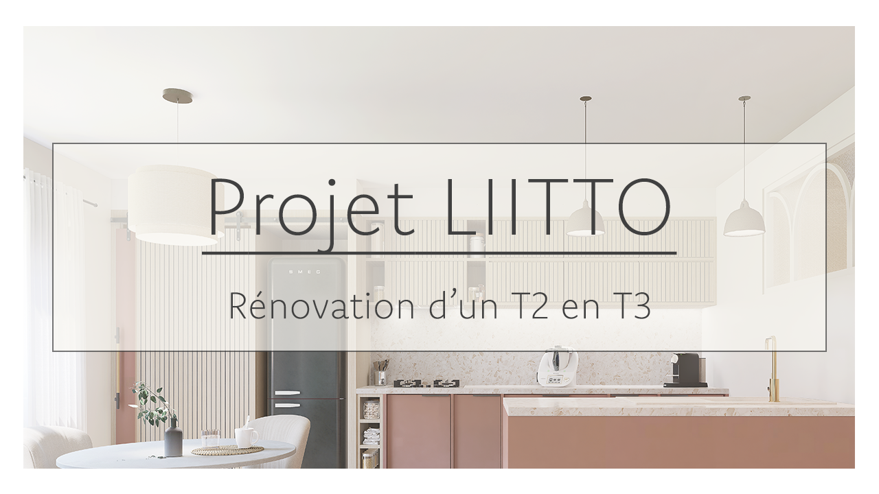 Une cuisine moderne avec un îlot central, un réfrigérateur noir, une table ronde avec des chaises, et un éclairage suspendu.