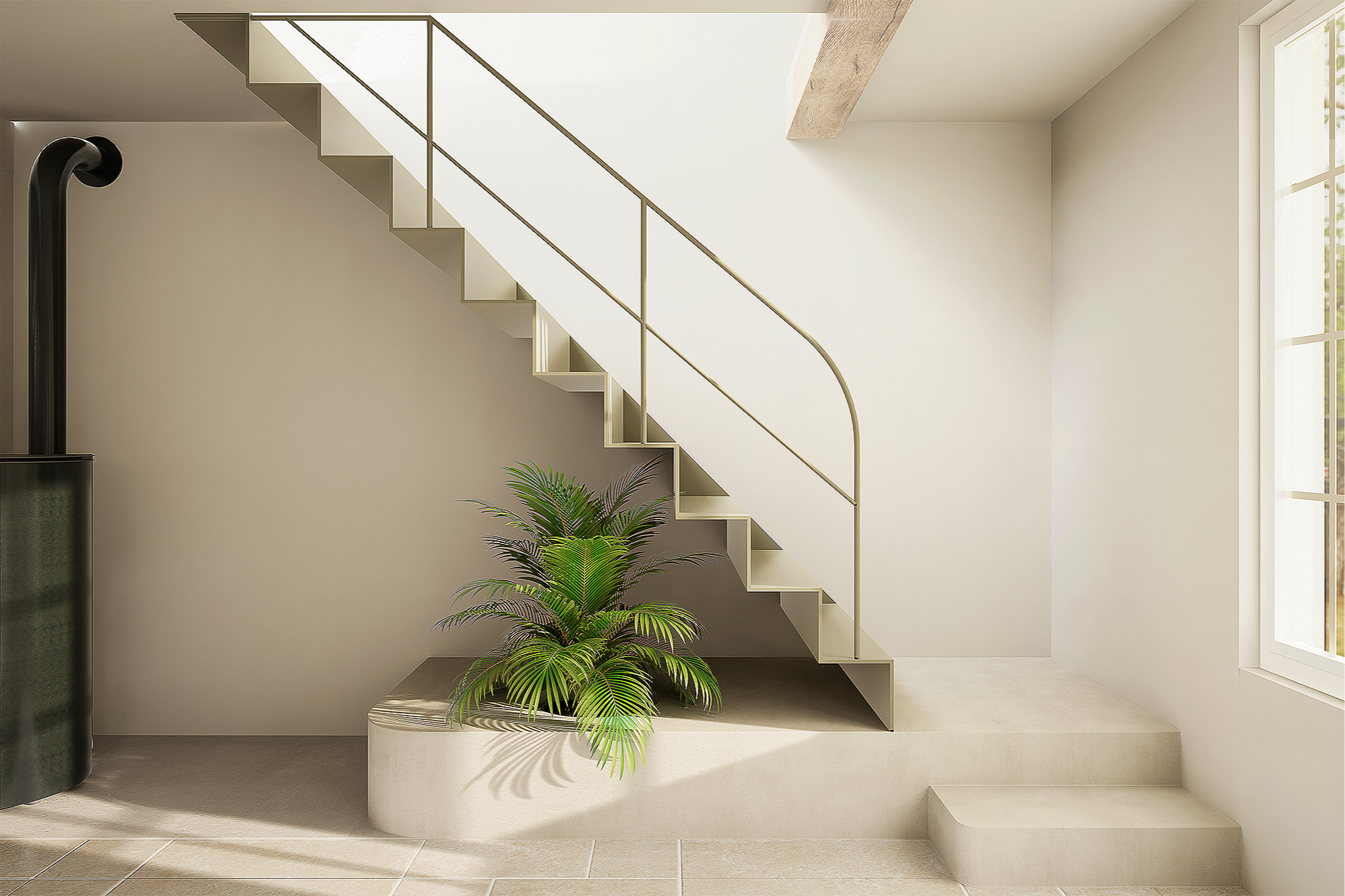 Escalier moderne blanc à côté d'une grande fenêtre dans un intérieur minimaliste avec une plante verte