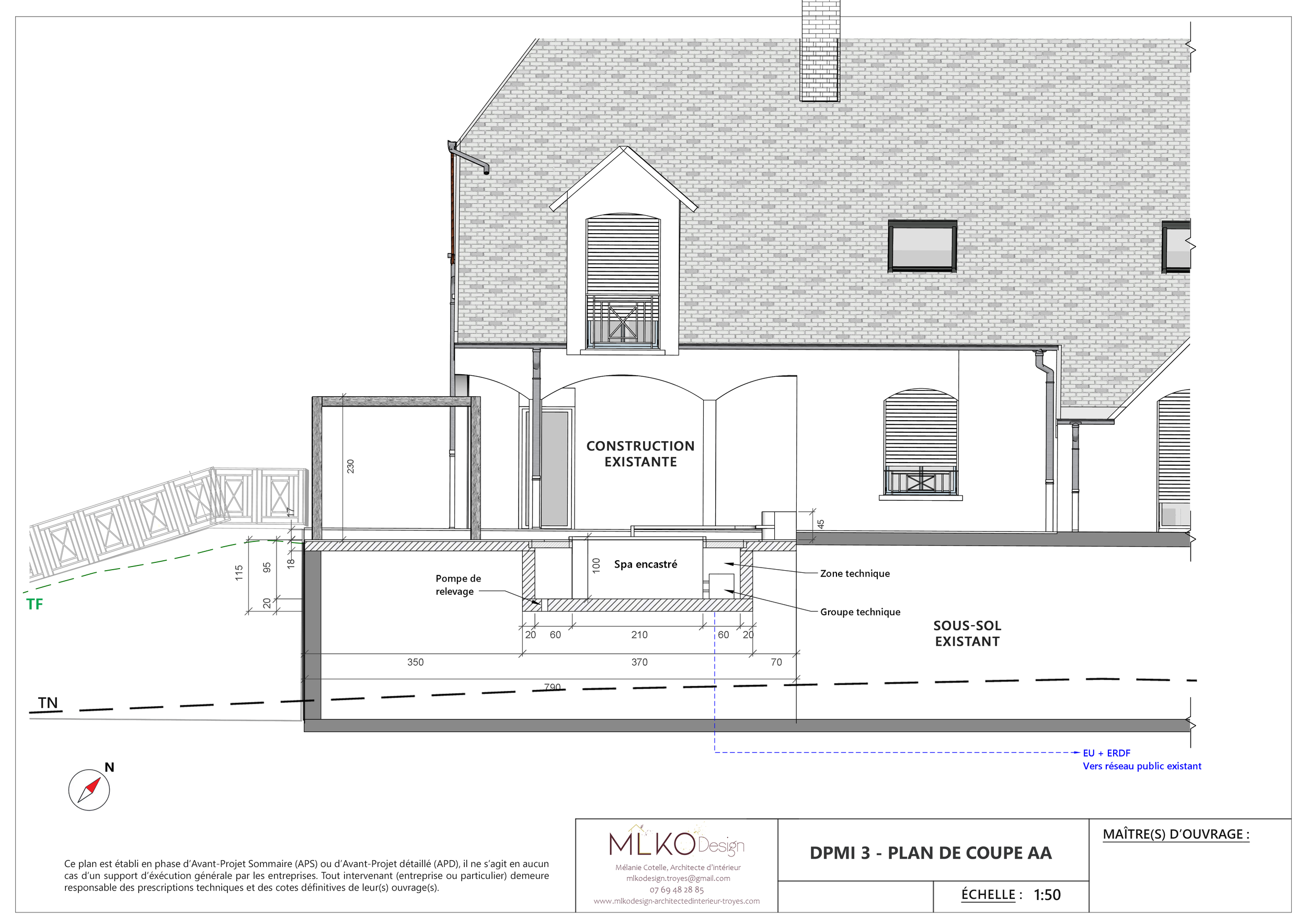 Plan architectural d'une extension de maison, montrant la construction existante, un sous-sol avec un spa intégré, un pont, et des détails techniques et dimensions.