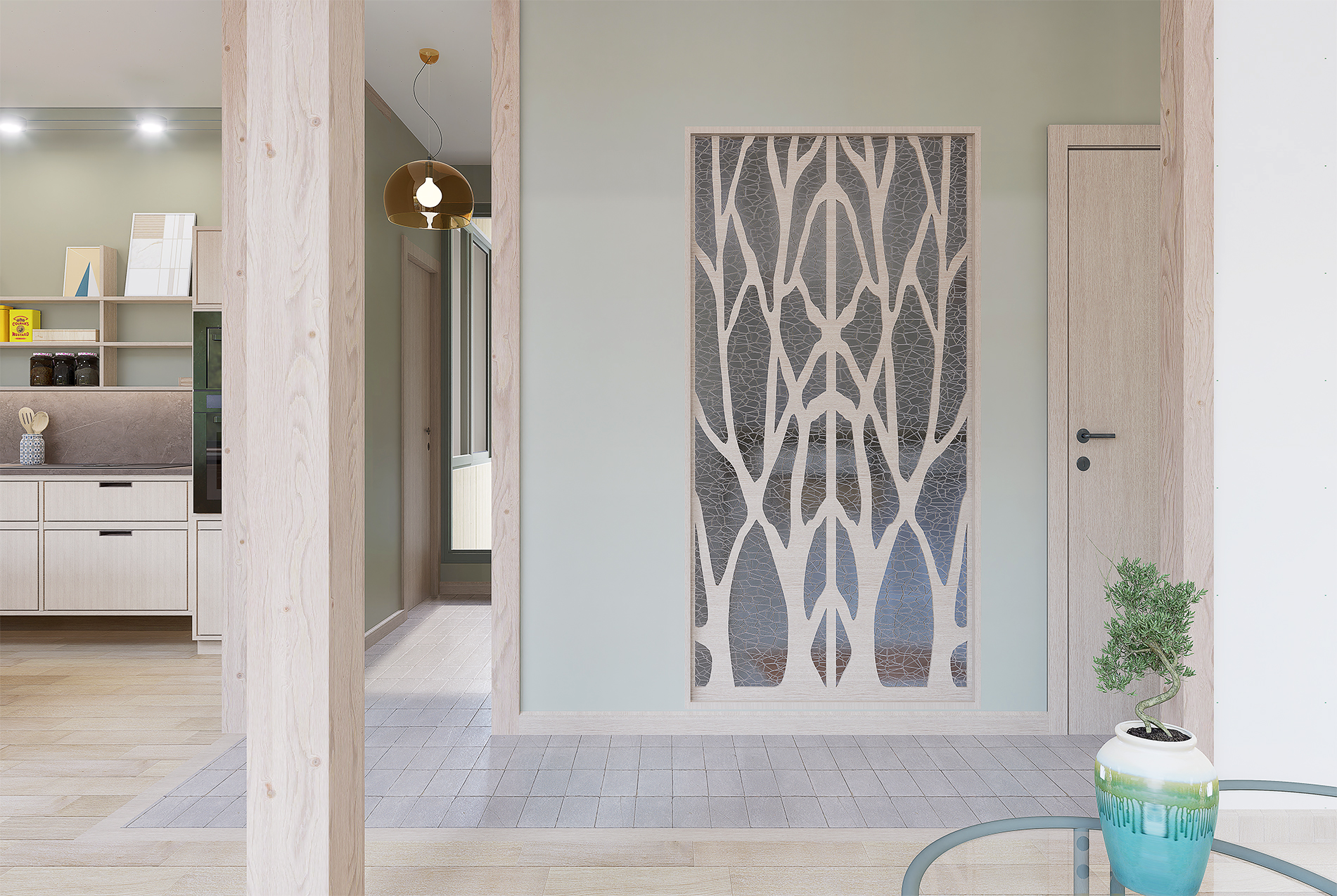 Intérieur d'une maison moderne avec une séparation en bois, une mosaïque en forme d'arbre, une pièce avec un pot de plante verte.