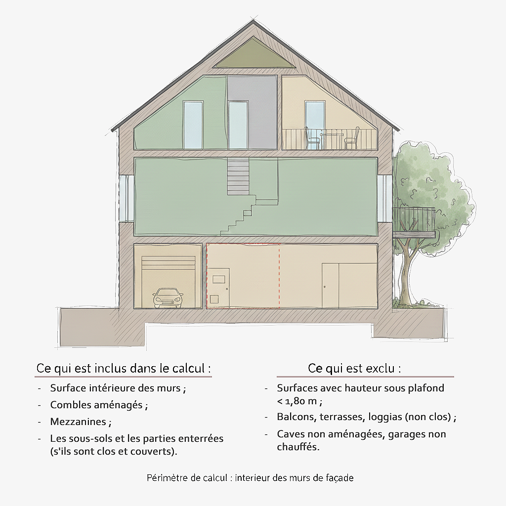 Plan d'une maison à trois étages avec sous-sol, montrant l'intérieur et l'extérieur, y compris un garage, un balcon, un arbre, et un descriptif des éléments inclus et exclus dans un calcul de superficie.
