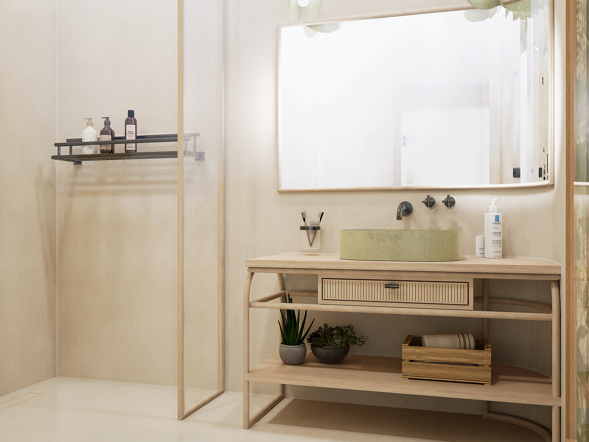 Salle de bain avec un meuble en bois, un miroir, une vasque ronde verte, des bouteilles de soin sur le comptoir, des plantes dans un pot et un panier en bois en dessous, avec une étagère à produits pour la douche.