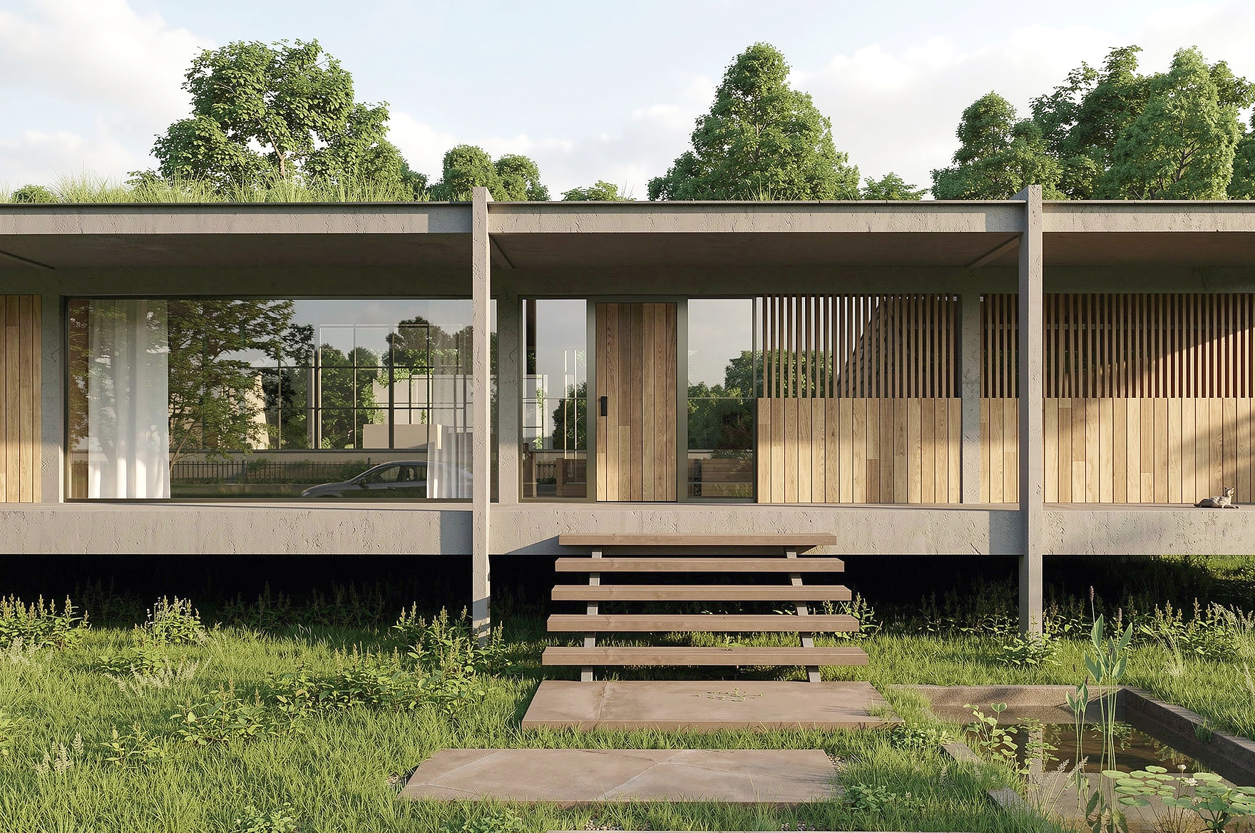 Une maison moderne avec un extérieur en béton, grandes fenêtres en verre, une porte en bois, un escalier en bois menant à une terrasse, et un jardin verdoyant avec des arbres en arrière-plan. TROYES / AUBE / Architecte d'intérieur