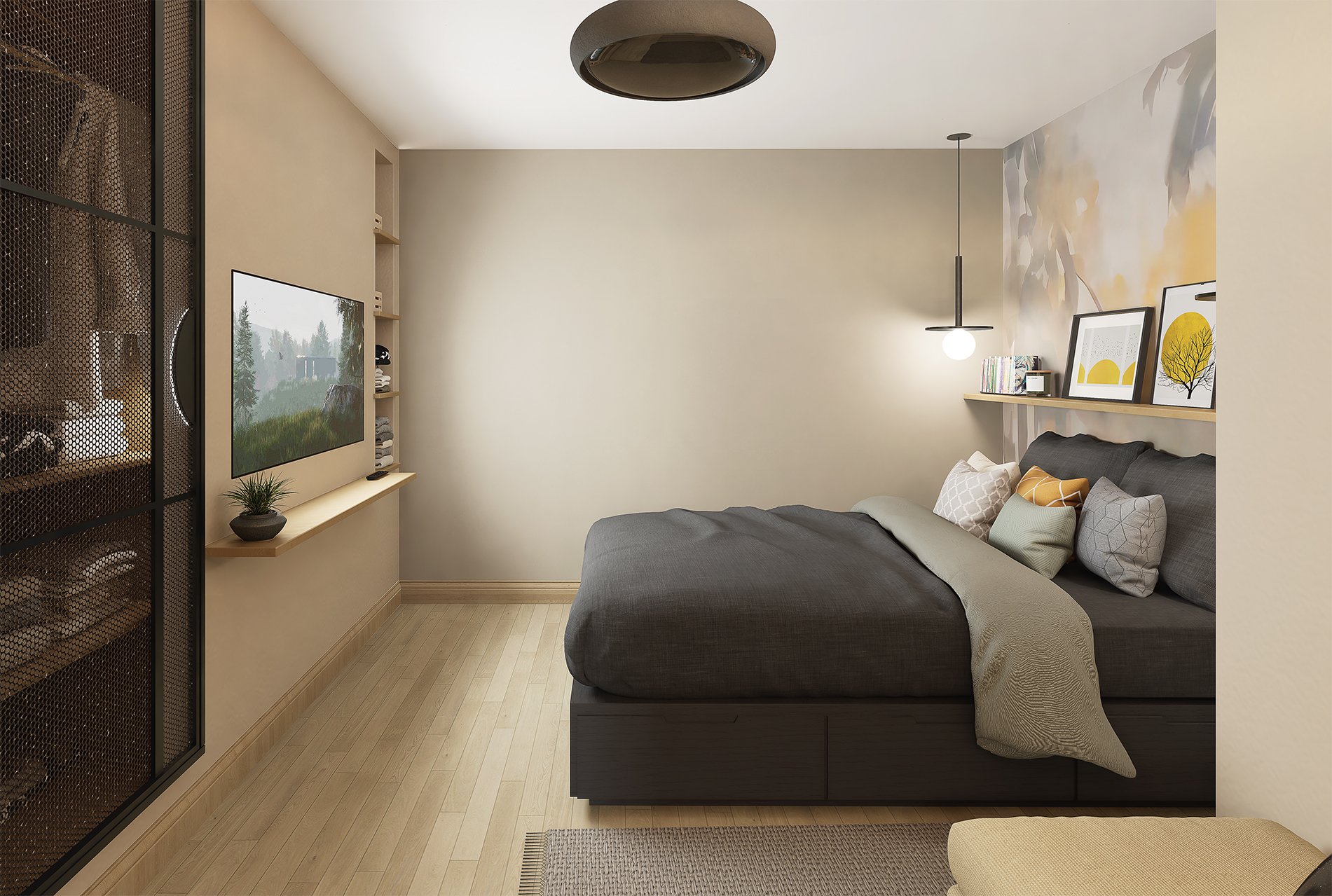 Chambre moderne avec lit gris, plusieurs coussins et une table de nuit, mur avec cadres et une lampe suspendue