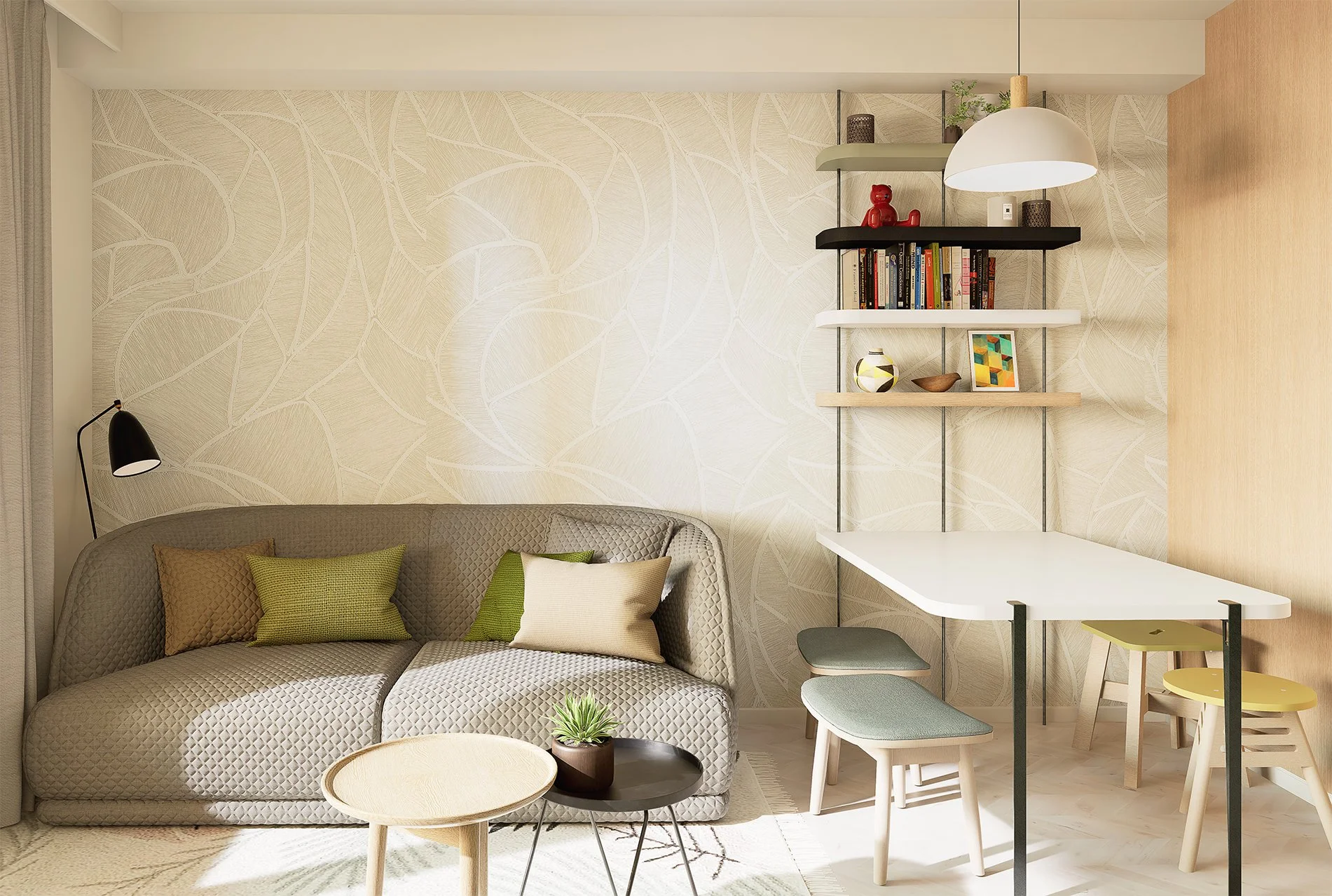 Salon moderne avec canapé gris, coussins verts et beiges, table basse en bois et métal, étagère murale avec livres, objets décoratifs et plantes, mur avec motif végétal, et lumière naturelle