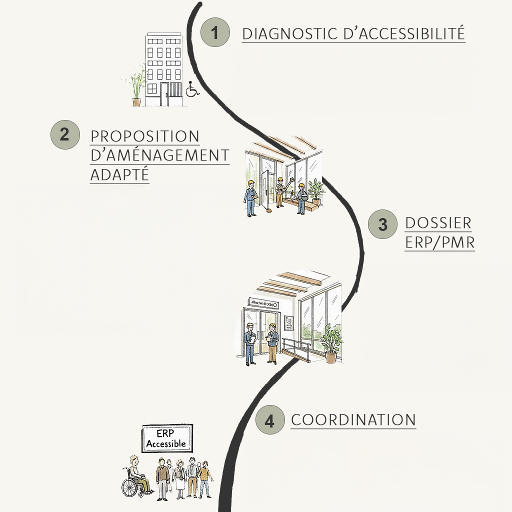 Diagramme illustrant les étapes de diagnostic, proposition d'aménagement, dossier ERP/PMR, et coordination pour l'accessibilité, avec des dessins représentant un bâtiment, des réunions et l'équipe de projet.
