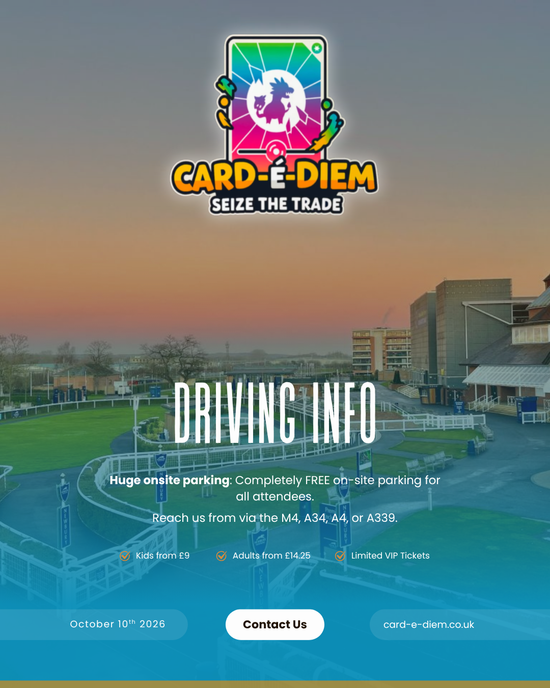 Event flyer for 'Card E-Diem,' featuring a colorful logo with a dragon silhouette, set against a sunset sky over a racetrack or park with buildings in the background. The flyer provides driving information, parking details, ticket prices, date, and contact info.
