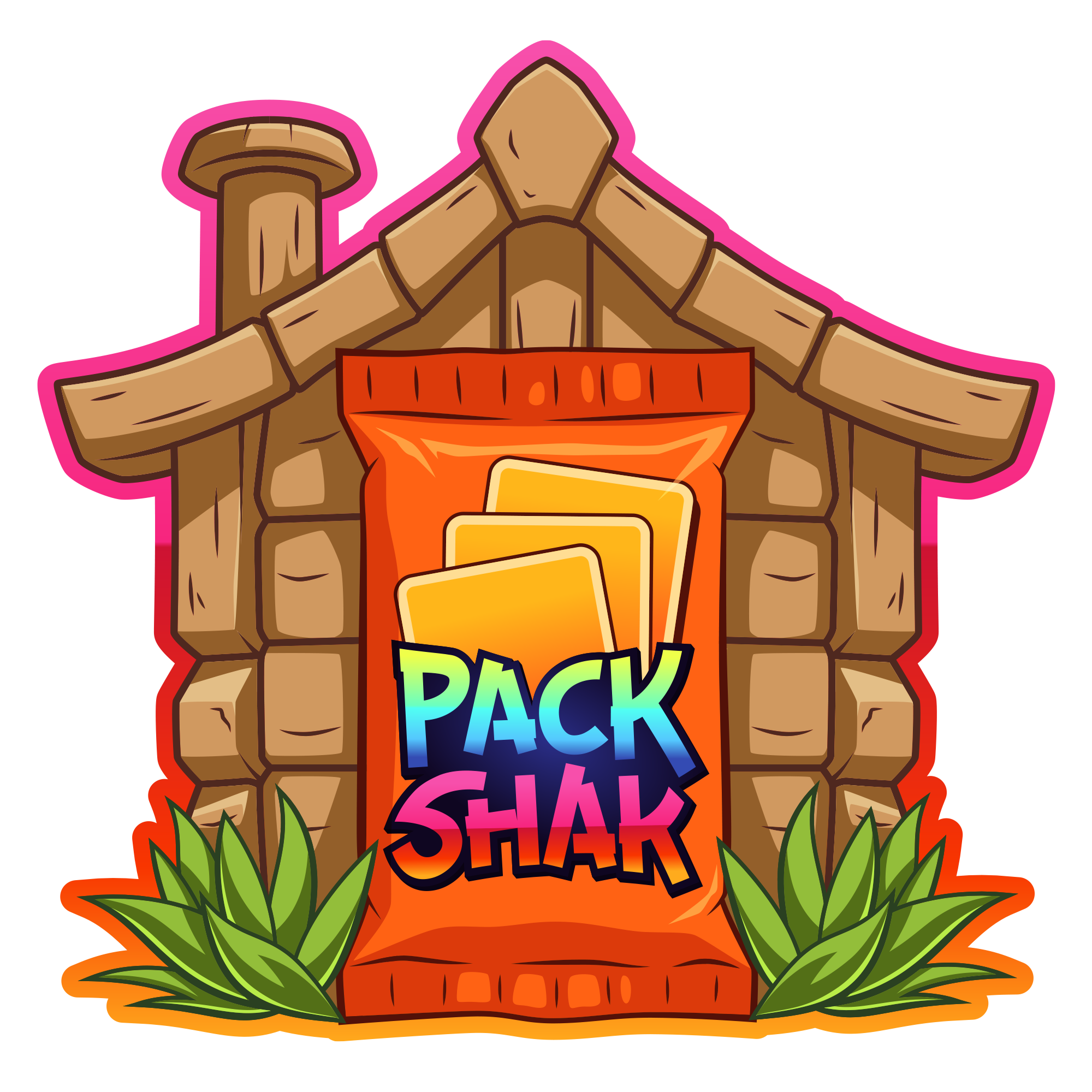 Colorful graphic with the words 'Back Pack Shake' on a bright orange bag, surrounded by green grass and a wooden fence.