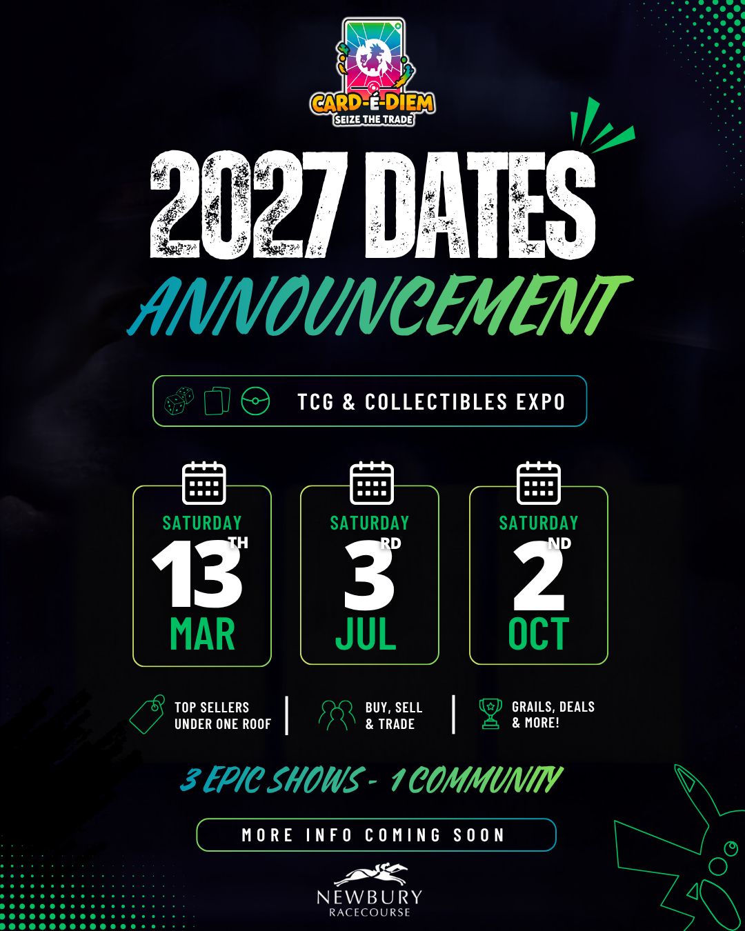 2027 event dates announcement poster for a TCG and collectibles expo at Newbury Racecourse, showing event dates March 13, July 3, and October 2, with icons for buying, selling, trading, and deals.
