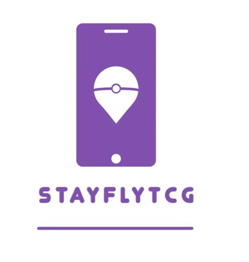 A smartphone icon with a Poké Ball within a location pin on the screen, and the word "STAYFLYTCG" beneath it, all in purple.