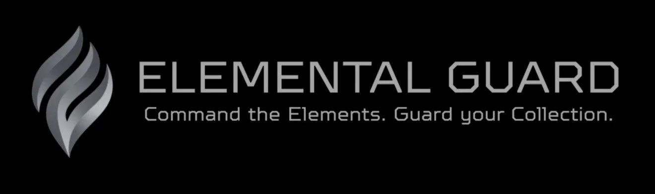 Logo with stylized flame icon and text 'ELEMENTAL GUARD' with slogan 'Command the Elements. Guard your Collection.' on a black background.
