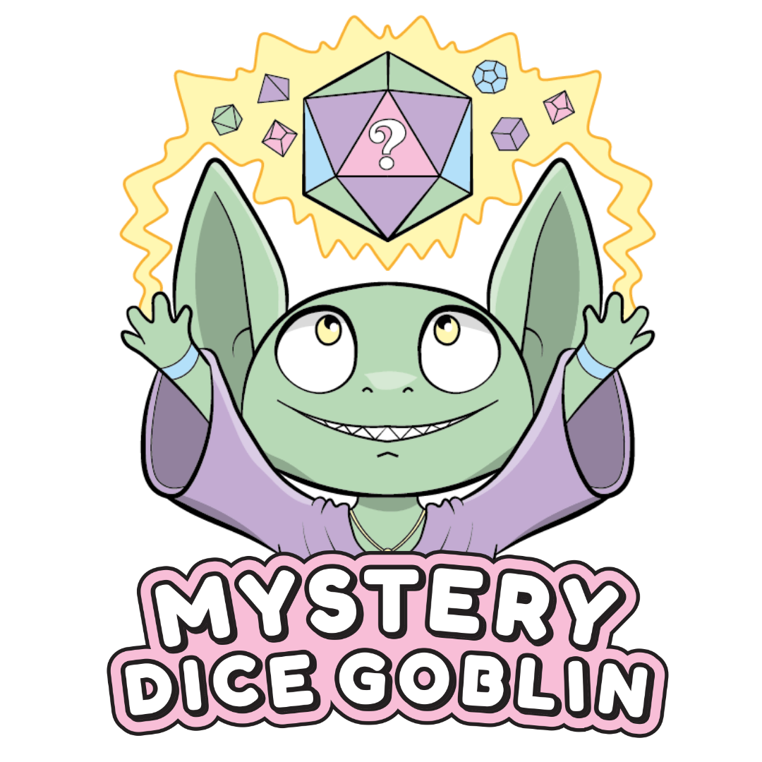 A cartoon goblin with large ears, light green skin, and a purple cape, holding up their hands with a confident expression, with a mysterious dice and multi-colored geometric shapes above their head. Below is the text 'Mystery Dice Goblin'.