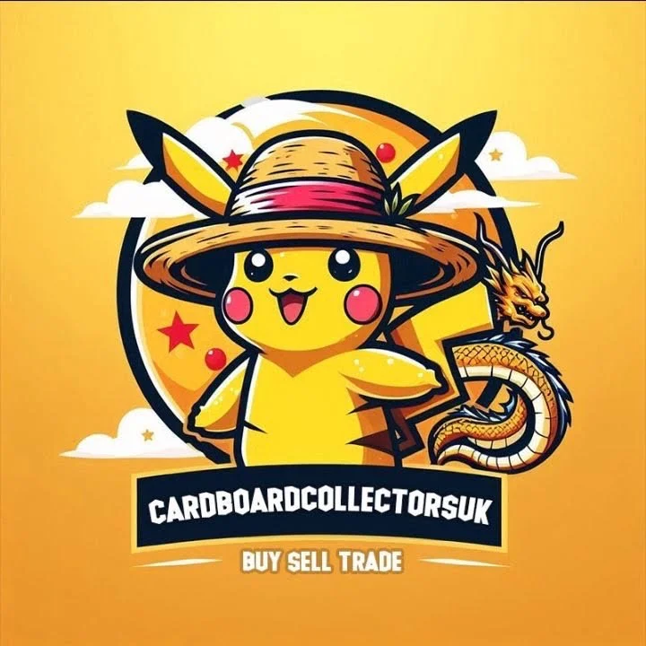 Cartoon Pikachu wearing a straw hat with a pink band, standing in front of a yellow background with clouds and stars. Text reads 'CARDBOARDCOLLECTORSUK' with the subtext 'BUY SELL TRADE'.
