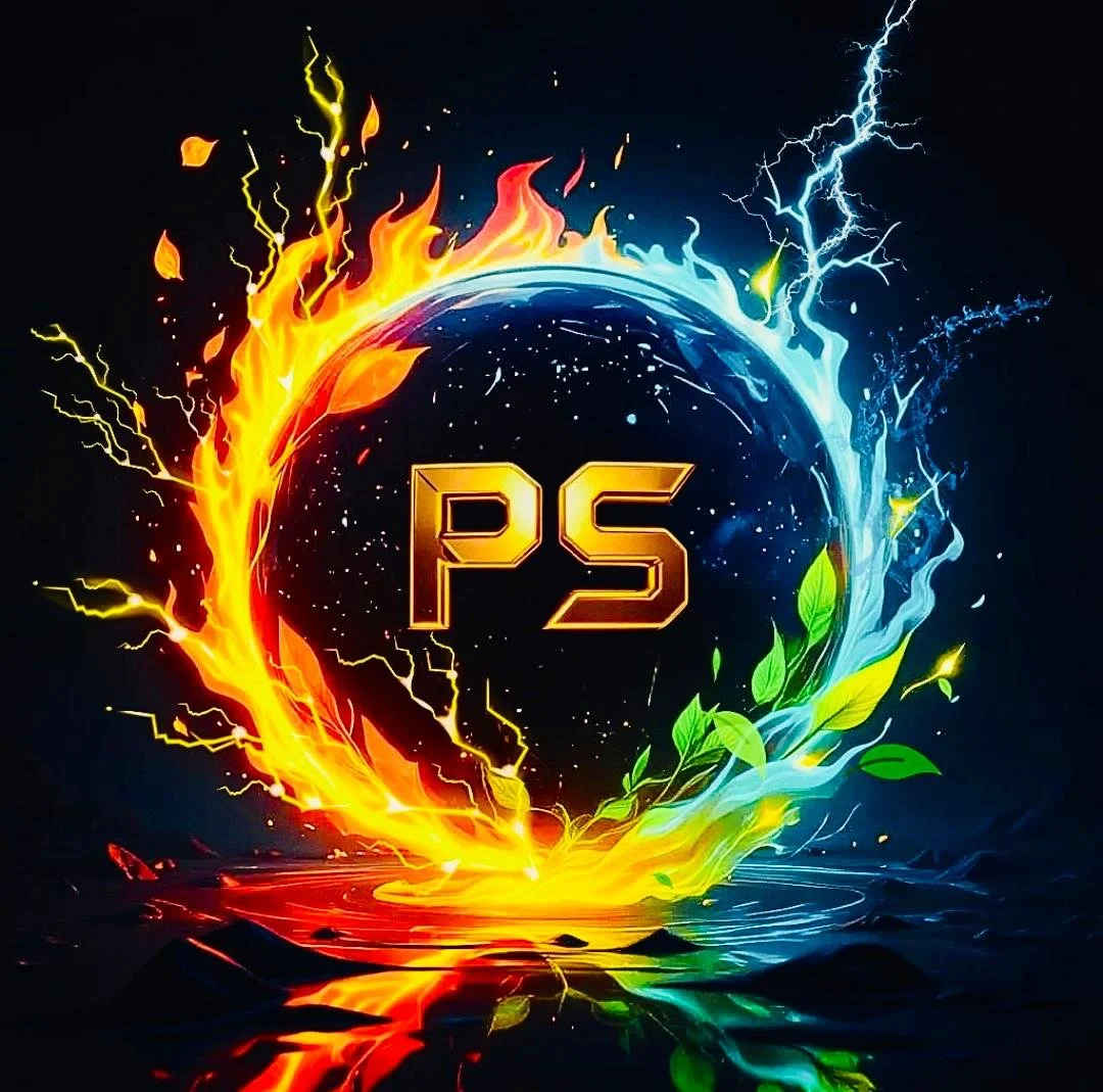 Colorful digital artwork with a fiery and icy elemental circle, the initials 'PS' in the center, and water and fire effects.