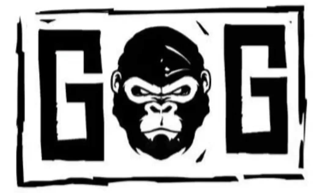 Black and white graffiti-style image of a gorilla's face in the center, flanked by large stylized letters 'S' on the left and 'G' on the right, with rough sketchy borders.